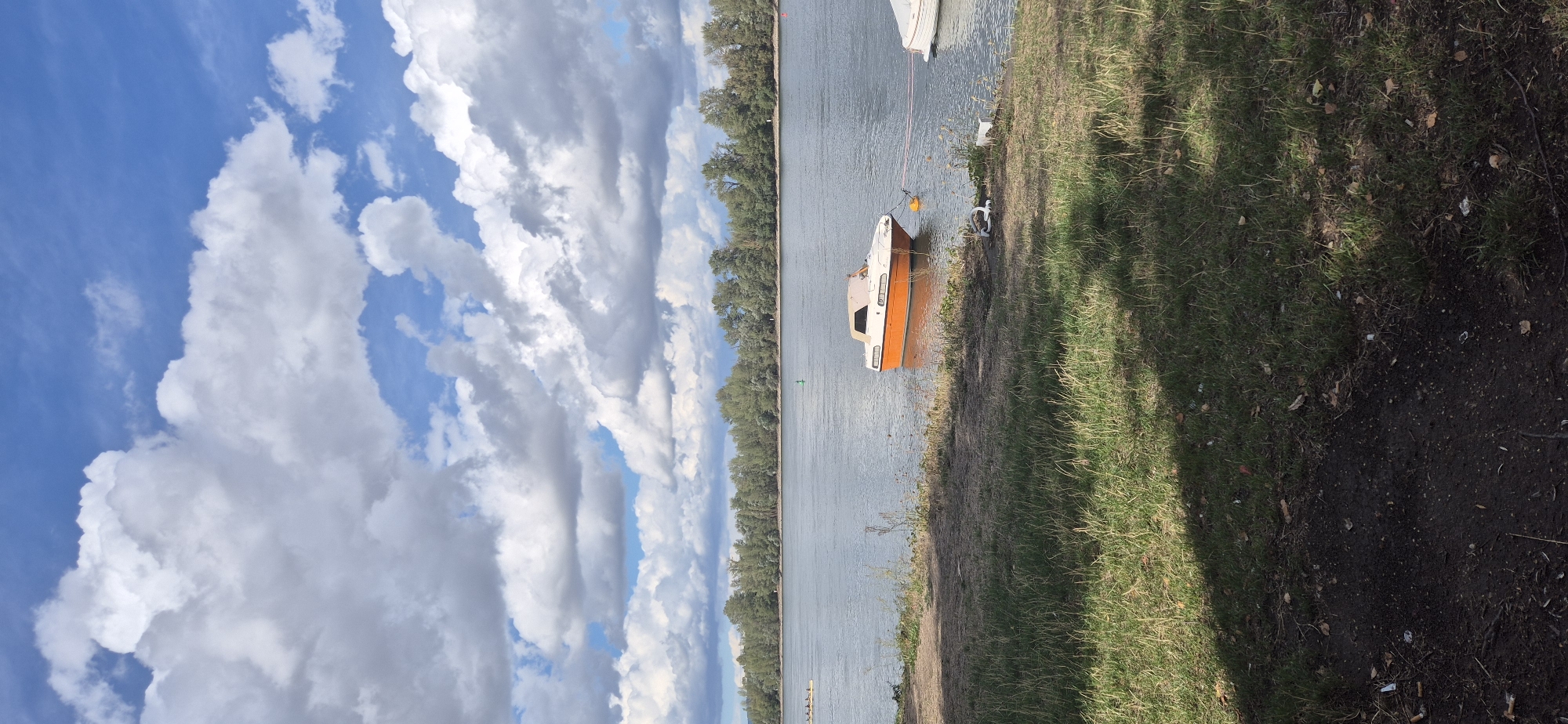 The image depicts a wide, calm river with a tree-lined bank in the distance. In the foreground, a grassy area transitions to a darker, bare patch of ground. An orange and white motorboat is moored to the shore in the middle ground, with a pink rope extending to another boat, partially visible on the right. Several figures are seated in a long rowing boat in the far left of the river. The sky is filled with large, dramatic white and gray clouds against a bright blue backdrop. The scene appears to be a park or recreational area along the Rhine River in Mainz, Germany, possibly near a marina or watersports club. The overall impression is one of a tranquil, overcast day by the water.