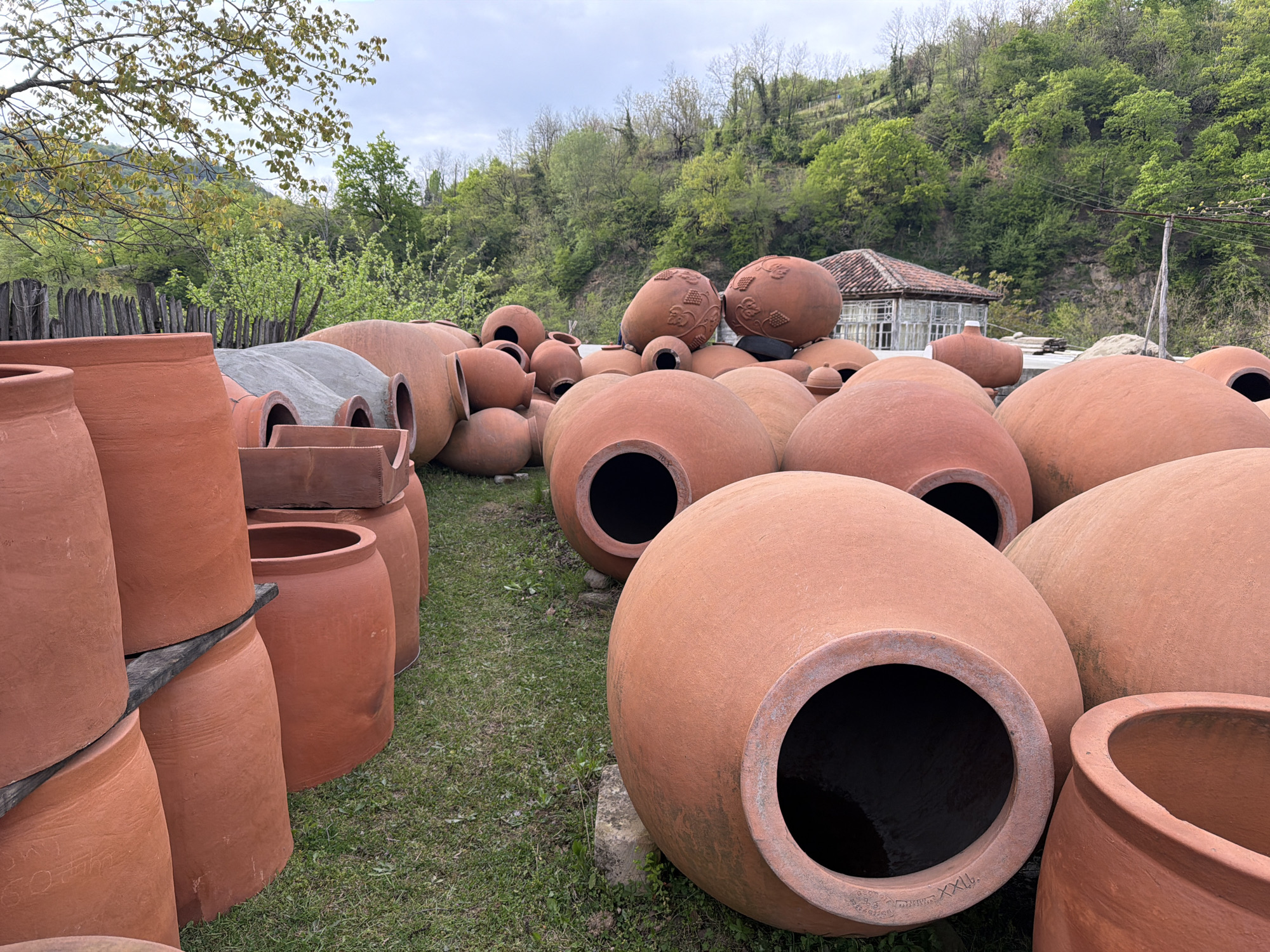 The image depicts a collection of terracotta pots in Makatubani, Georgia. The pots are of varying sizes and shapes, with some stacked in piles and others scattered across a grassy area. In the background, there is a building with many windows and a small, forested hill. The sky is cloudy. There are no people visible in the image.