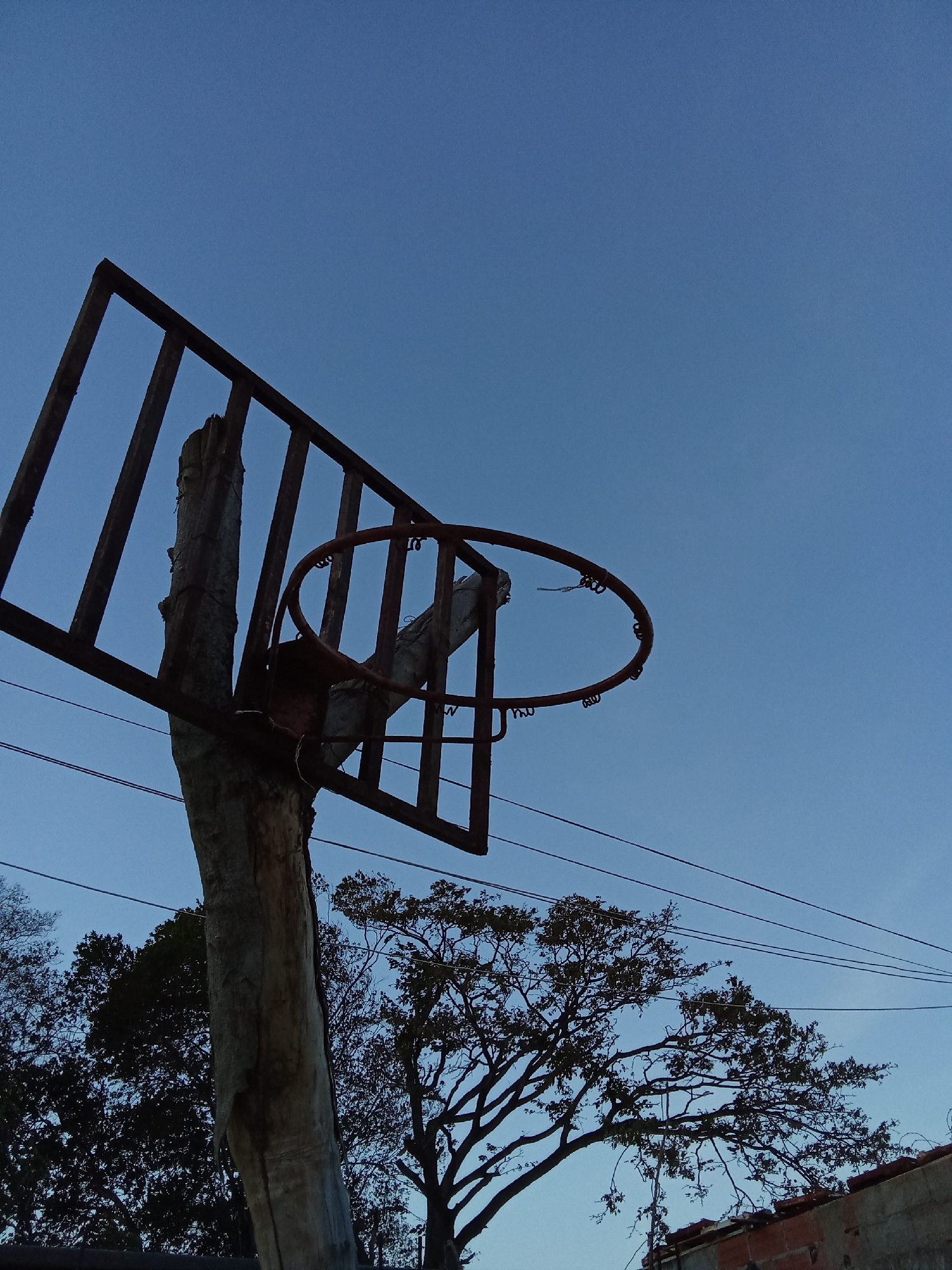 An outdoor scene presents a basketball hoop mounted on a weathered wooden post. The hoop's backboard is constructed of metal slats, and the rim is rusty. The post shows signs of age and wear. The scene is set against a clear, blue sky. In the background, trees and a building with a tiled roof are visible. Based on visual cues, this is likely a residential area. Considering the user's request, the location is likely Juan Griego, Venezuela.