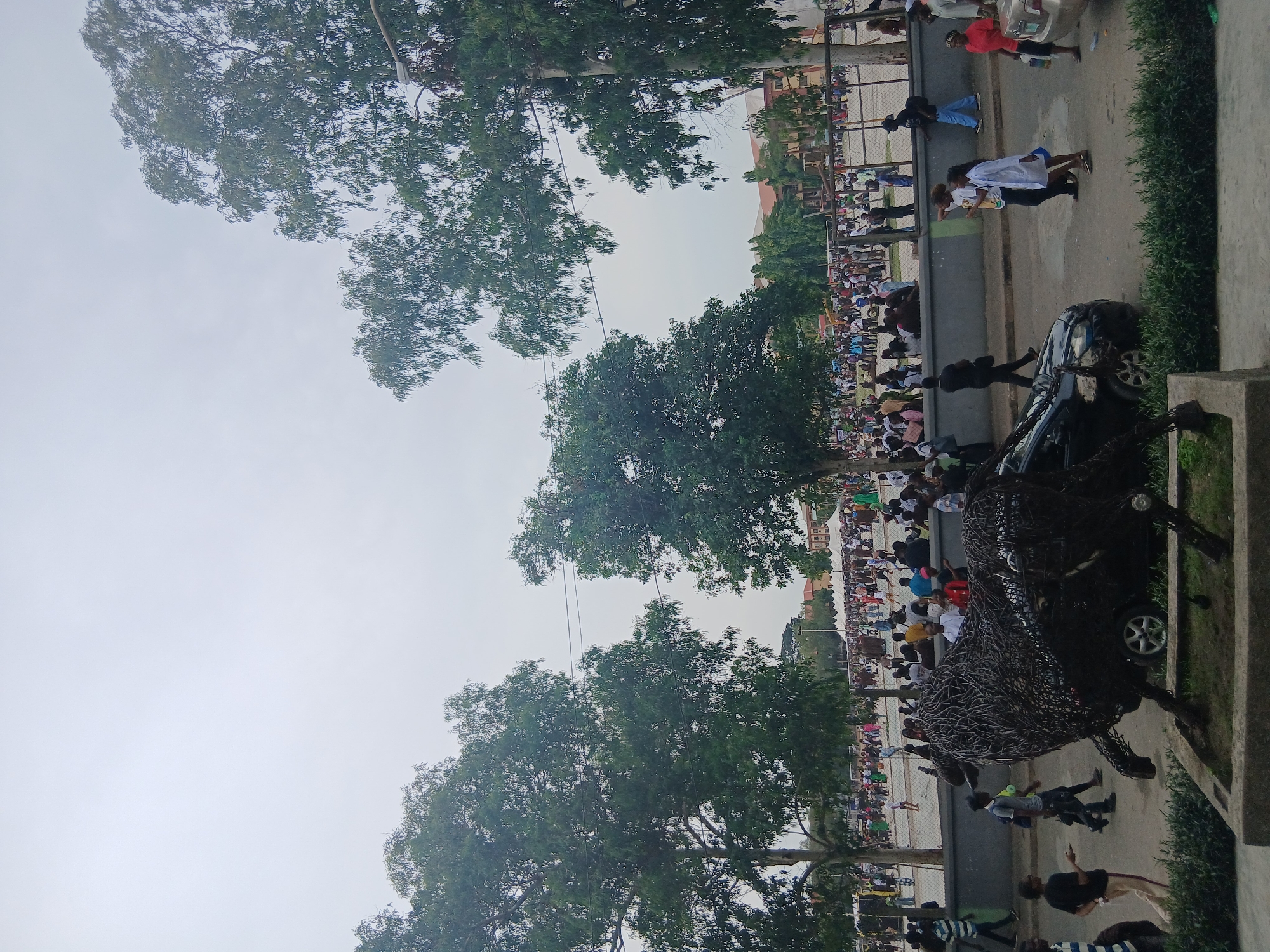 The image shows a large gathering of people in an outdoor space in Lagos, Nigeria. The crowd is standing behind a metal fence, suggesting an organized event or gathering. A large metal sculpture of an animal, possibly a horse or bull, stands prominently in the foreground. A car is parked next to the sculpture. Trees line the periphery of the scene. People are also walking on the sidewalk adjacent to the event. The sky is overcast, providing a diffused lighting to the scene.