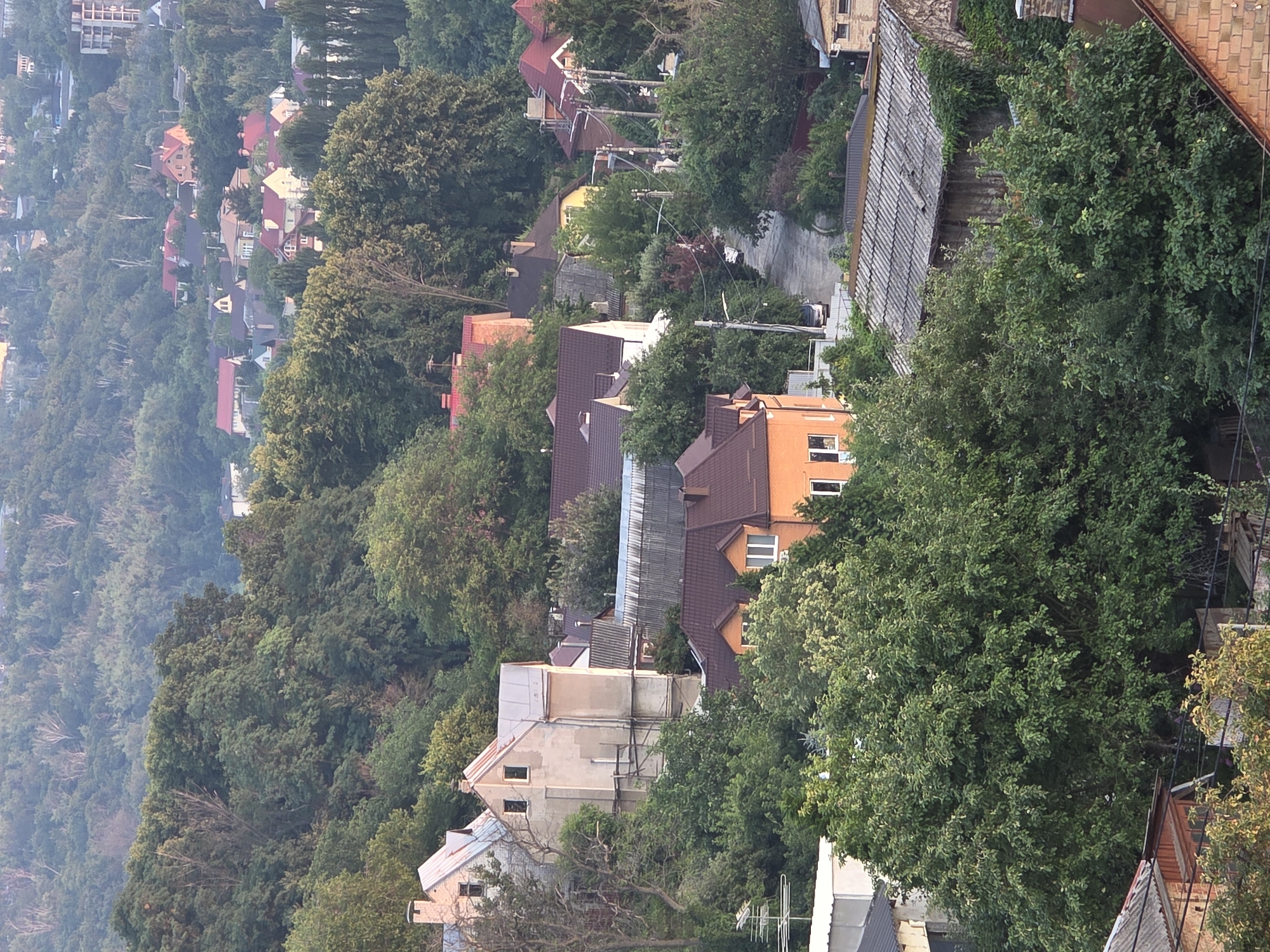 The image captures a panoramic view of a residential area nestled amongst lush green trees, characteristic of a hilly landscape. The architecture suggests a European setting, with several houses featuring pitched roofs, many of which are tiled in red or brown hues. Some buildings exhibit older architectural styles, with visible brickwork and chimneys, while others appear more modern. The presence of utility poles with power lines indicates an established urban infrastructure. The overall impression is that of a quiet, semi-rural neighborhood within a city. Given the architectural style, dense greenery, and the hilly terrain, this scene is highly consistent with areas found in Kyiv, Ukraine, such as the historical Podil district or neighborhoods on the right bank of the Dnipro River. The time of day appears to be either early morning or late afternoon, as indicated by the soft, diffused light and the long shadows cast by the trees. There are no people or vehicles clearly visible in the frame, emphasizing the tranquility of the scene. The foreground shows the tops of trees and the roofs of houses, while the background recedes into a dense forest that covers the distant hills.