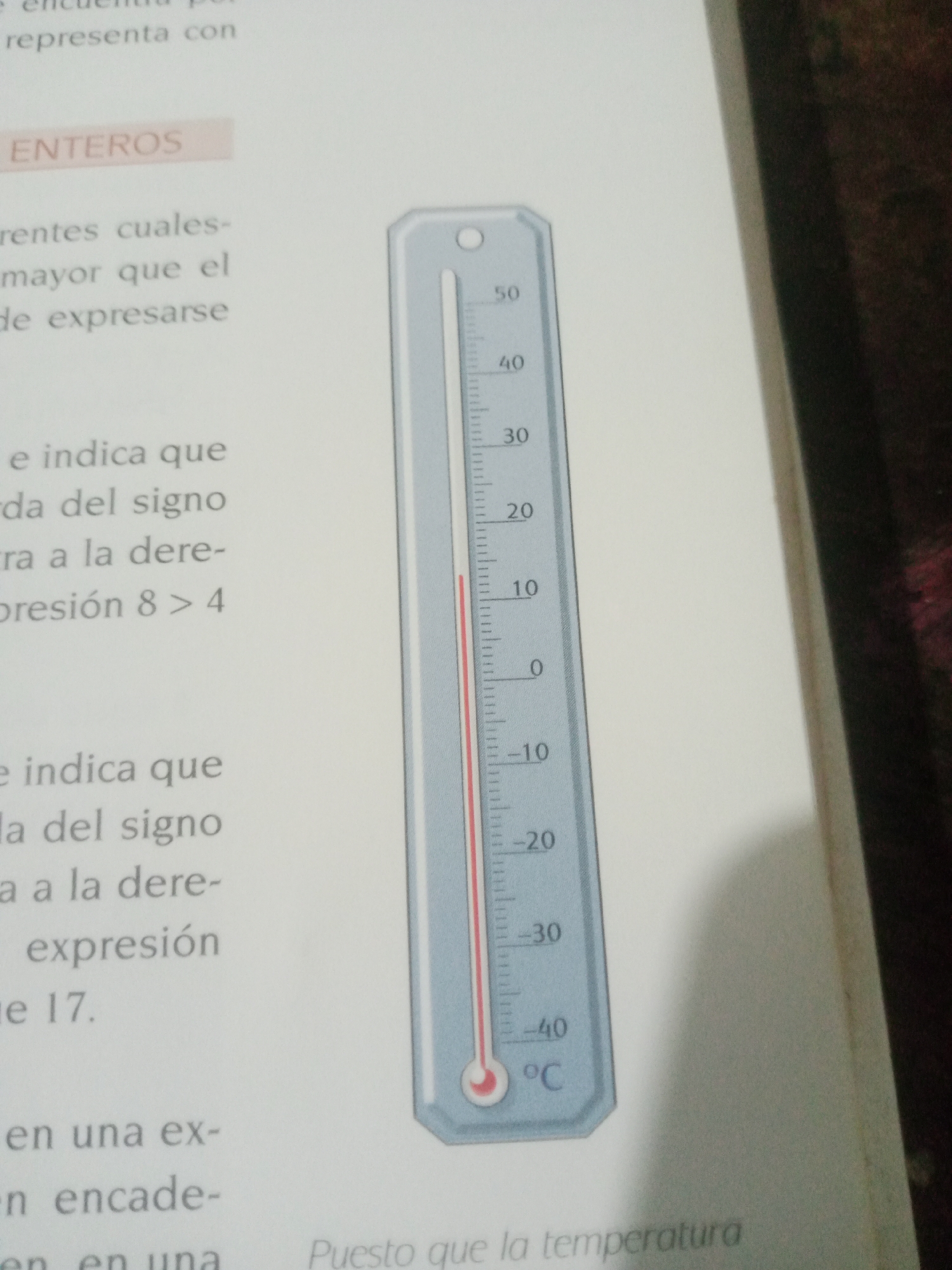 The image shows a thermometer with markings in Celsius, indicating a temperature between 0 and -10 degrees. The text on the left side of the image appears to be from a textbook, discussing numbers and expressions. There is no information present in the image that relates to the city of Santa Ana, Venezuela.