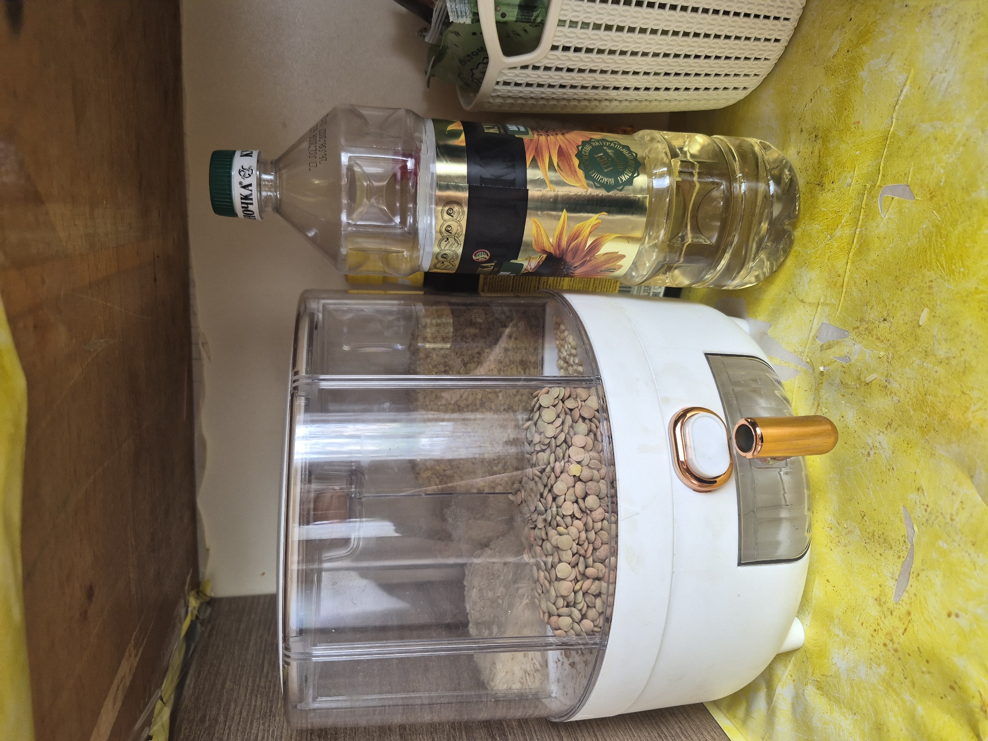 The image shows a close-up of a shelf in what appears to be a kitchen or pantry area. On the left is a clear plastic container filled with lentils and other grains, with a white base and a dispenser on the front. To the right of the container is a large bottle of sunflower oil, with a label featuring sunflowers and Russian text. Further to the right, a white woven basket is partially visible. The shelf itself is made of wood and appears somewhat worn. The background is a light-colored wall. The surface below the items is covered with a yellow, textured material that appears stained or worn. No people or specific city landmarks are visible, and therefore, the location in Yerevan, Armenia, cannot be determined from the image.