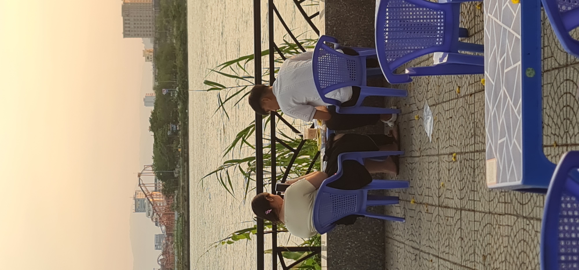 This image captures an outdoor scene at what appears to be a casual eatery or seating area next to a large body of water, likely in Đà Nẵng, Vietnam, given the provided context. The time of day is late afternoon or early evening, indicated by the soft, warm, golden light illuminating the sky and reflecting on the water.
In the foreground, two individuals are seated on bright blue plastic chairs at what seem to be small tables (partially obscured). Both are facing towards the water. The person closer to the camera is seen from behind, wearing a light-colored top and dark pants, with their hair pulled back. The other person, positioned slightly further back, is also seen from the side/back, wearing a light-colored button-up shirt and dark pants. They appear to be looking down, possibly at food or a drink on a table in front of them, suggesting a relaxed meal or snack.
Between the seated individuals and the water, there is a black metal railing with tall, green reeds growing, adding a natural element to the urban setting. The ground where the chairs are placed is a patterned tiled pavement.
Across the expansive body of water, a cityscape is visible under a hazy or atmospheric sky. Buildings of various sizes line the distant shore, and a prominent red structure resembling a roller coaster or amusement park ride can be seen on the left side of the frame. Hills or mountains are faintly visible in the far distance, blending into the pale sky. The water itself is calm, reflecting the soft light. There is no visible text in the image.
