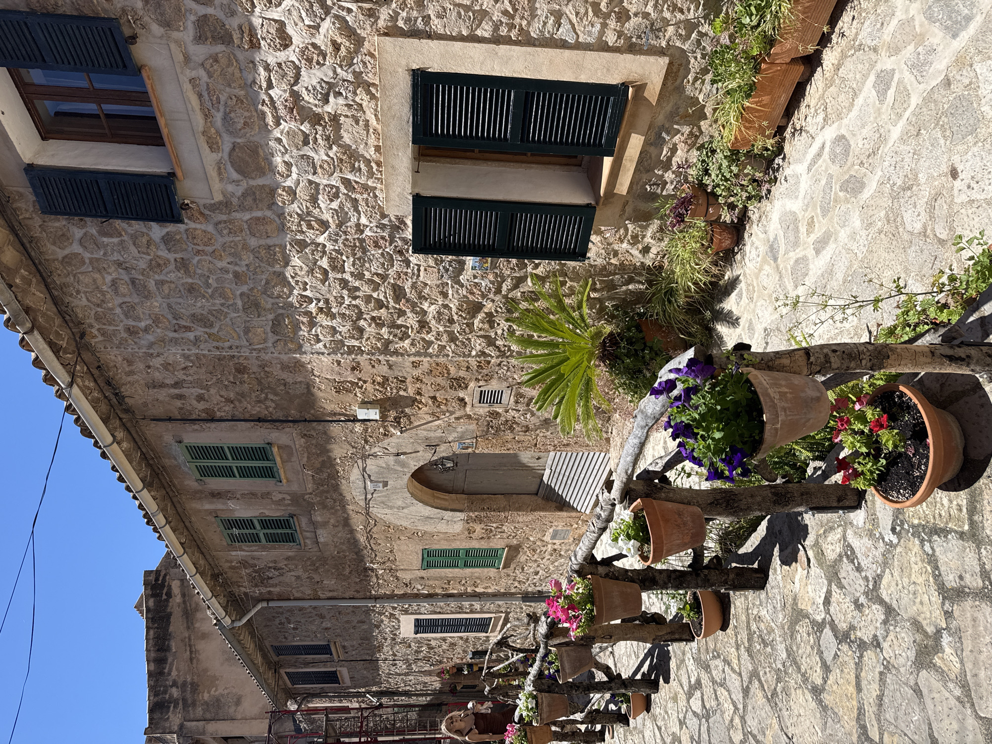 The image shows a street scene in Valldemossa, Spain. The buildings are constructed of stone, with shuttered windows. Various potted plants adorn the scene, some hanging from wooden structures. The street is paved with stone. A person is partially visible in the bottom of the frame. The sky is blue.