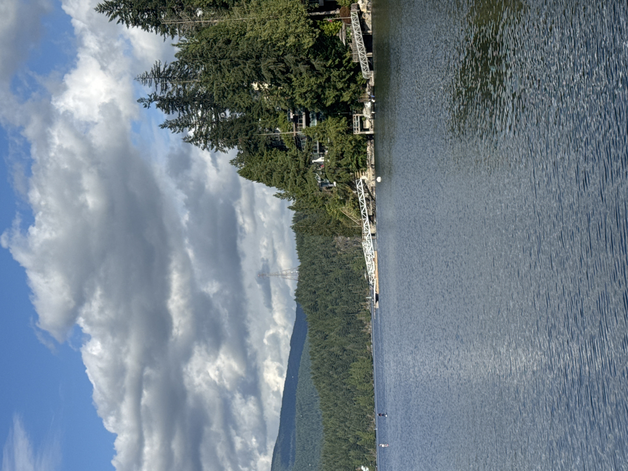 The image shows a body of water with a tree-covered hillside on the right. The hillside is dotted with houses and a tall radio tower is visible in the distance. Several docks extend from the shore into the water. Two people are standing on paddleboards in the water on the left side of the image. The sky is blue with scattered white clouds. This scene is likely in the District of North Vancouver, Canada, given the characteristic landscape of mountains, forests, and waterfront properties.