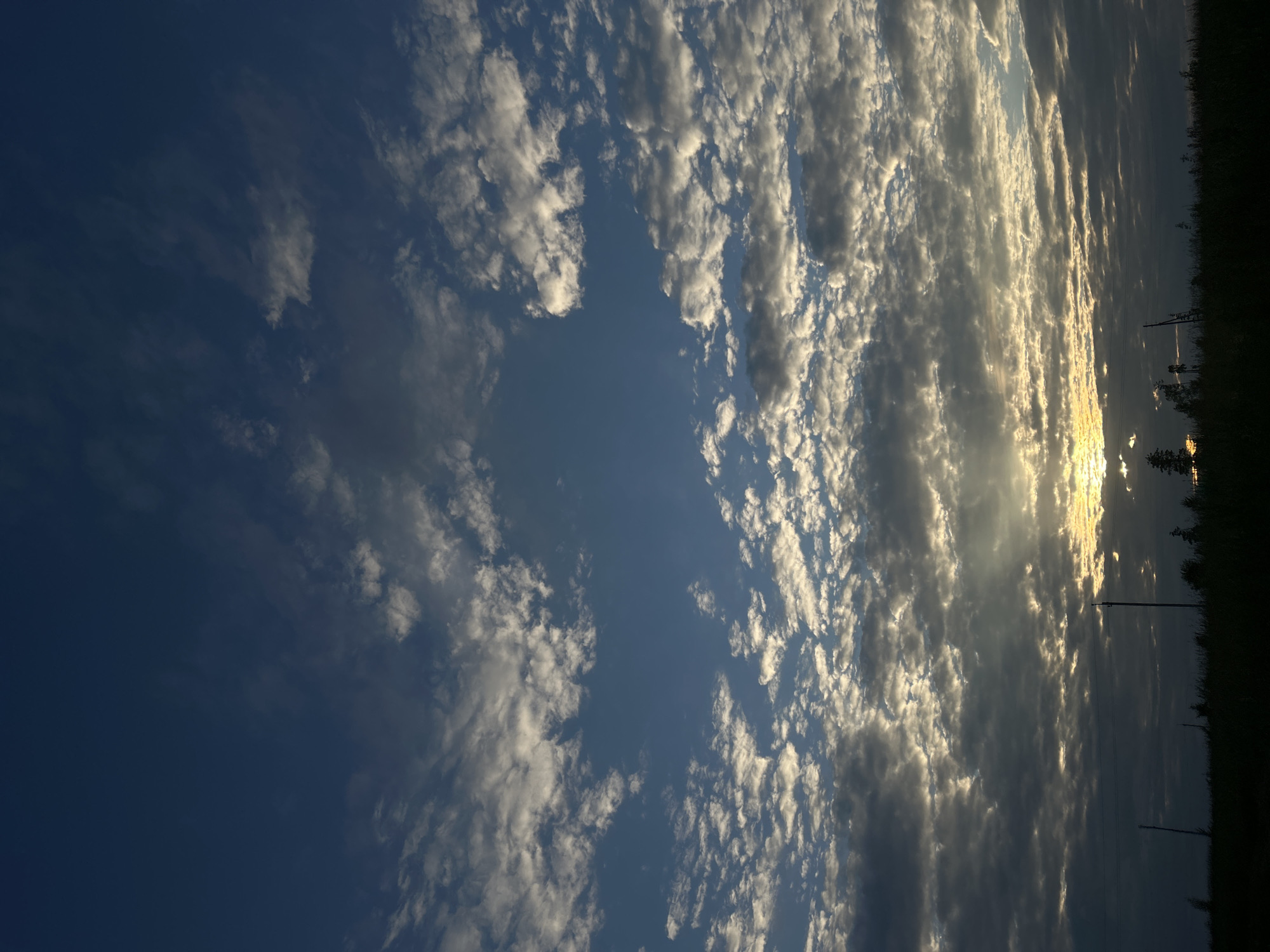 The image depicts a wide expanse of a cloudy sky during what appears to be sunrise or sunset. The sky transitions from a deep blue at the top to lighter shades of blue and grey as it approaches the horizon. The clouds are varied in texture and density, with some areas showing bright white illumination from the sun, while others are darker and more shadowed. Sunlight is breaking through the clouds in the lower center of the image, creating a radiant effect. Below the sky, a dark silhouette of a treeline and fields is visible, along with a few vertical poles that could be utility poles or fence posts. The scene suggests an open, rural or semi-rural environment. The provided location, Фоки, Russia, is noted, but the image itself does not contain any specific visual cues to confirm this location within the city.