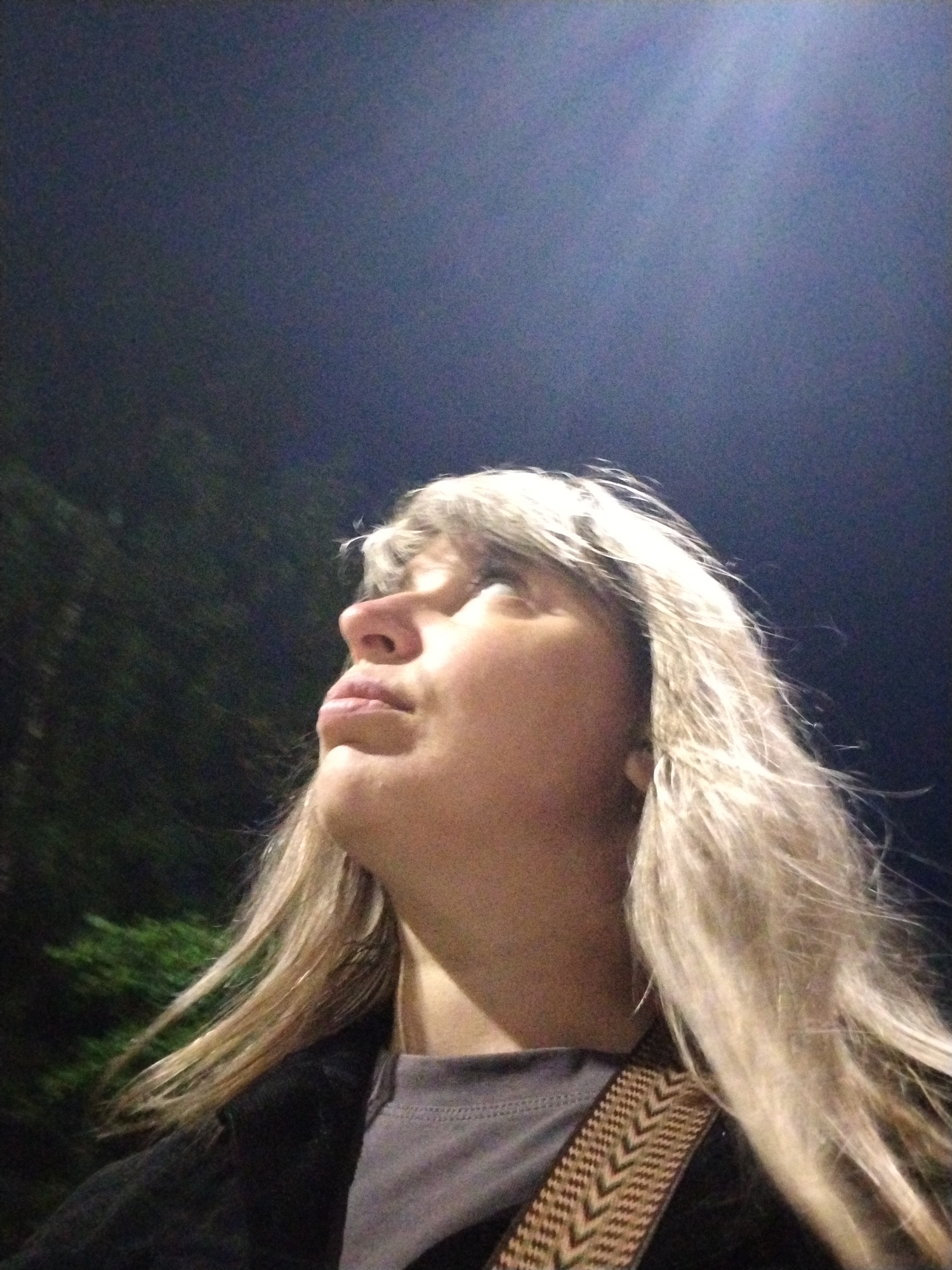 The image depicts a close-up, low-angle shot of a person's face, illuminated from above and to the right. The person has blonde hair, which is windswept and frames their face. They are looking upwards, with their eyes closed or partially closed. The background is dark and appears to be an outdoor setting at night, with some blurred green foliage visible to the left. The person is wearing a dark jacket over a grey t-shirt, and a patterned strap, possibly from a bag, is visible across their chest. The overall lighting creates a dramatic effect, highlighting the contours of the face and the texture of the hair. The location in the city of Yaroslavl, Russia, is not discernible from the visual information provided in the image.