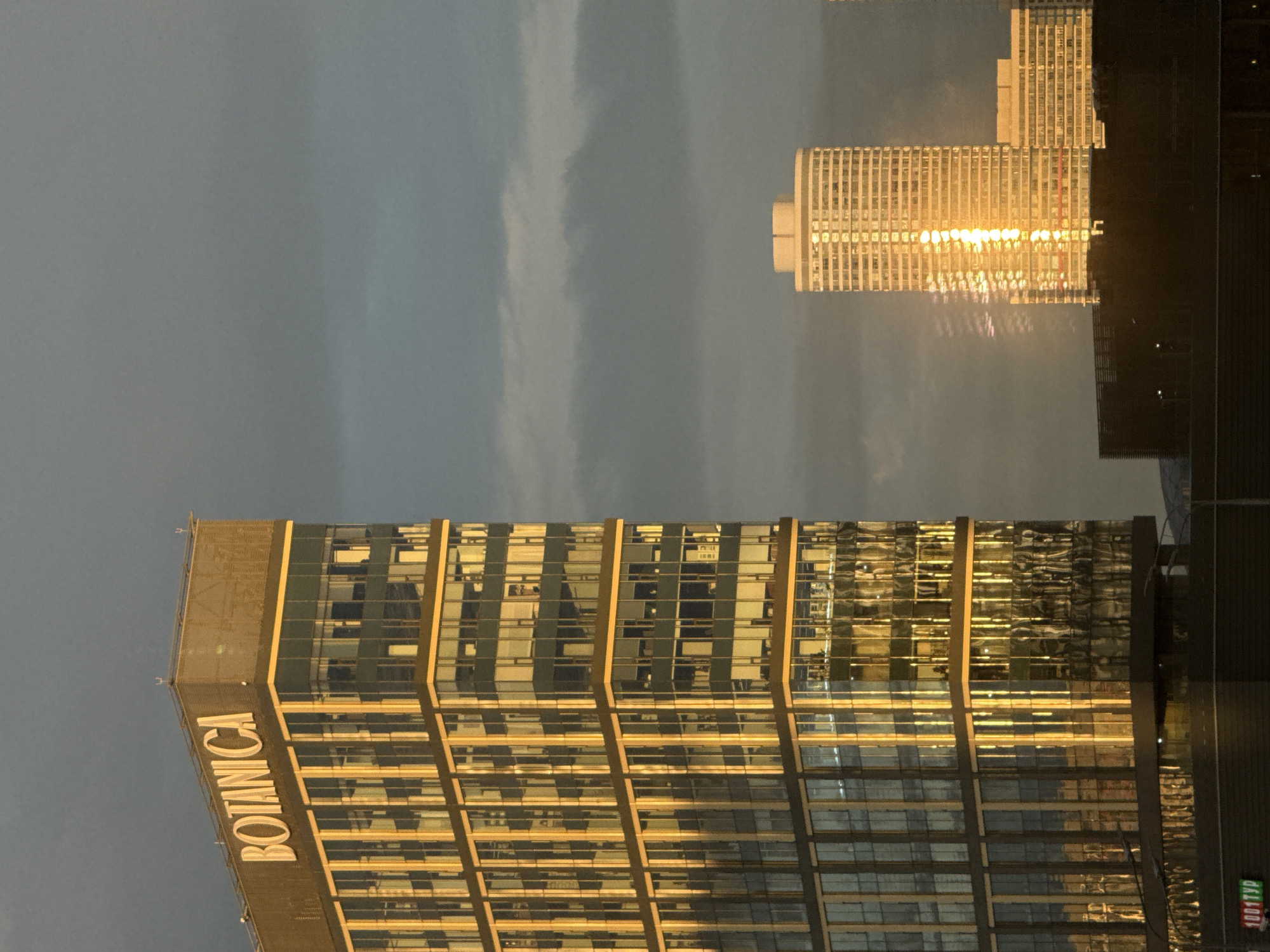 The image depicts two skyscrapers in the city of Khimki, Russia. The skyscraper in the foreground features a glass facade with golden accents. The word "Botanica" is vertically printed on the top left corner of the building. The sky is overcast with grey and blue hues. In the background, another skyscraper is visible, also with a glass facade, reflecting the golden sunlight. The image is taken at an angle.