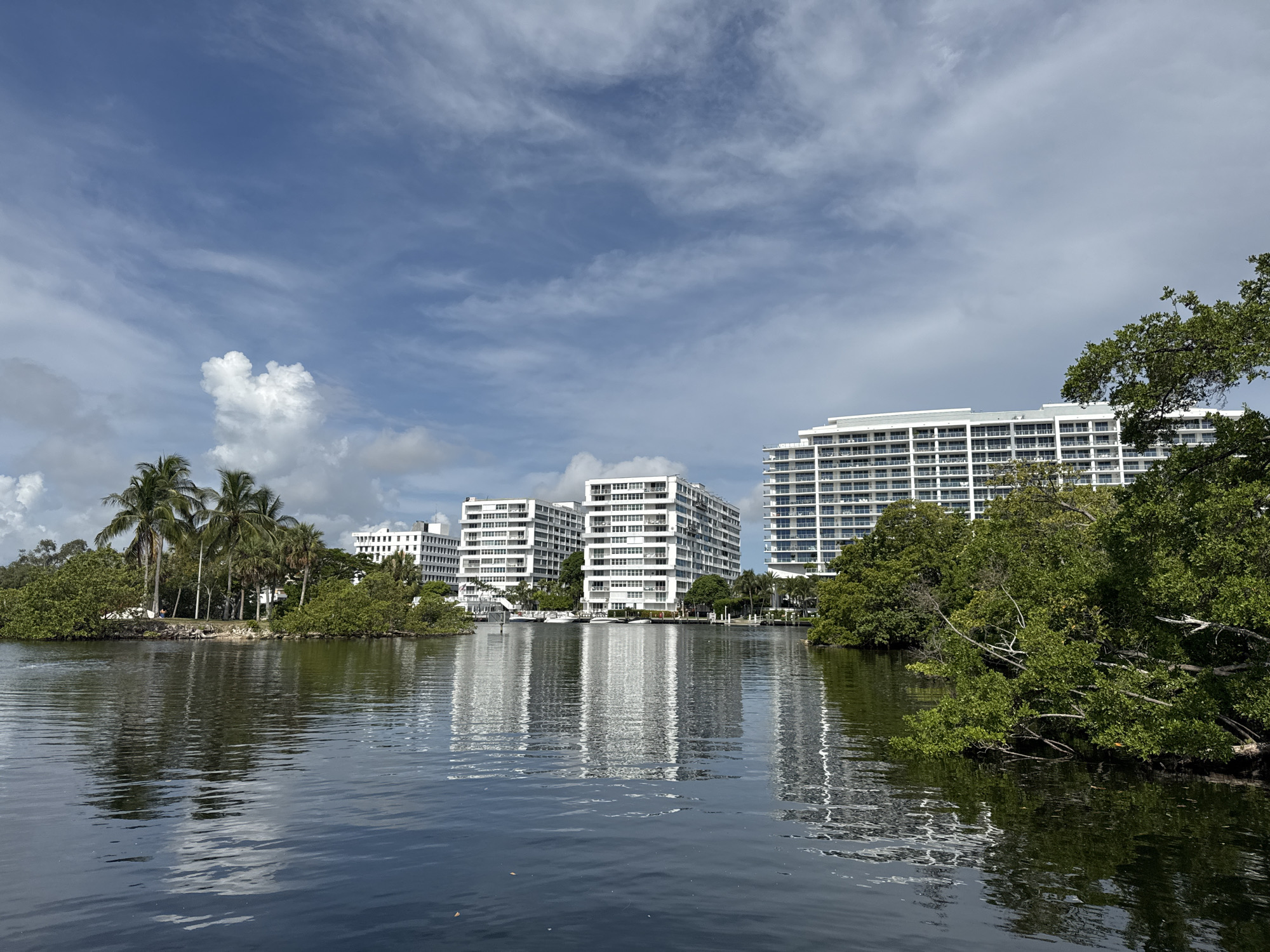 A body of water reflects the sky and buildings in Fort Lauderdale, Florida. The sky is blue with scattered clouds, some of which are cumulus. Several modern, multi-story white buildings with many windows are visible on the far side of the water, some with balconies. Green trees and palm trees line the shore in front of the buildings, with one large tree branch extending over the water in the foreground. The water is dark and calm, showing clear reflections of the sky and structures. A few small boats are docked near the buildings. The scene appears to be set during the daytime, with bright, diffused light suggesting it could be midday or early afternoon. The overall atmosphere is peaceful and serene.