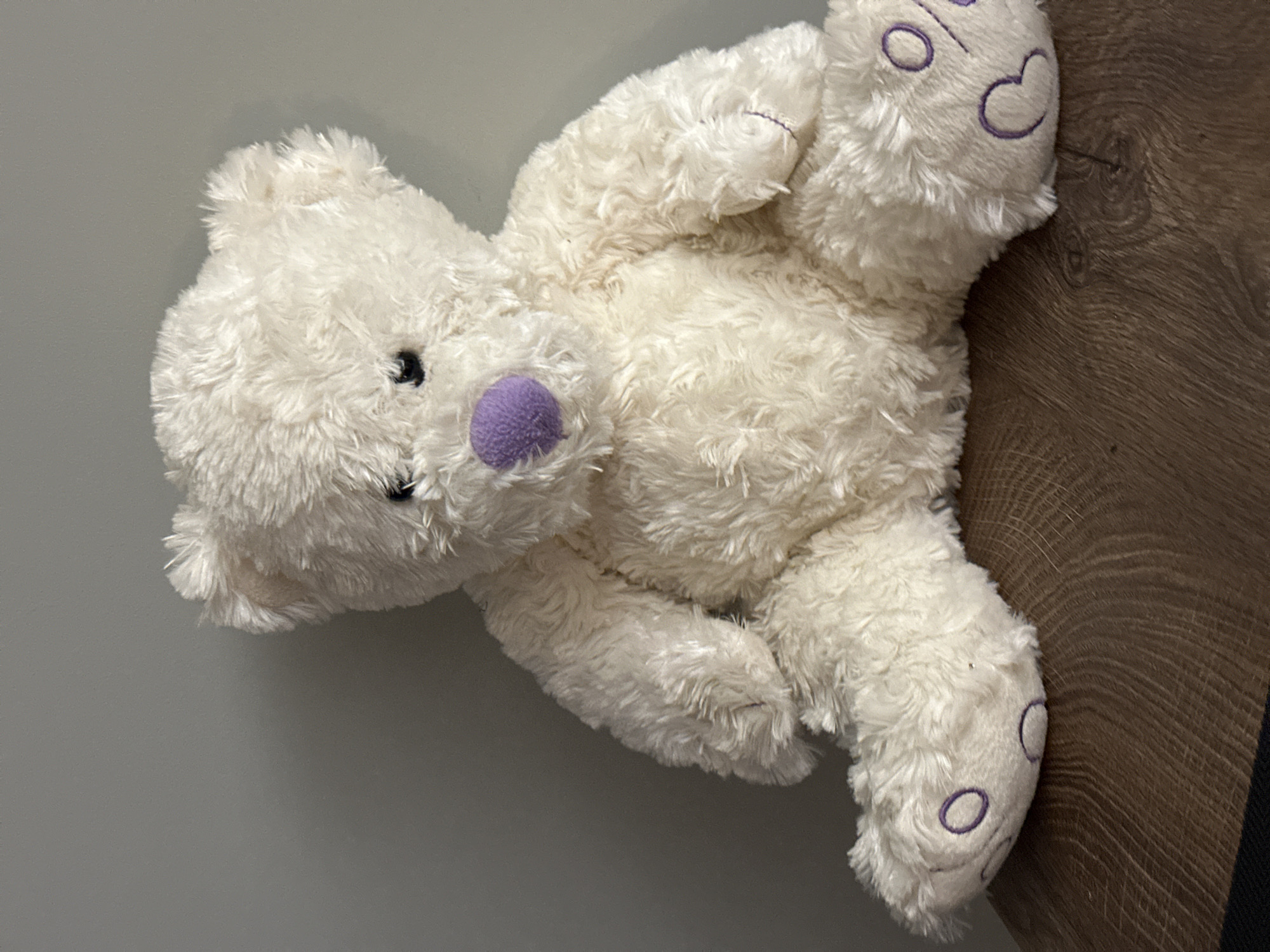 The image displays a white, fluffy teddy bear lying diagonally across a mixed background. The teddy bear's head is positioned towards the upper left, while its feet extend towards the lower right. It features distinct black eyes and a soft, purple nose. Its plush, shaggy fur suggests a soft texture. On its paws, there are embroidered purple designs, including hearts and circles, adding a decorative detail.
The background is composed of two different surfaces. The upper left part of the image shows a plain, light grey surface. The lower right section features a dark brown wooden surface, clearly displaying natural wood grain patterns. The teddy bear rests partially on both surfaces, delineating the diagonal split in the background. The lighting in the scene is even and soft, characteristic of an indoor environment. There is no specific activity taking place beyond the bear being positioned. No visible text is present in the image. The scene does not convey a specific time of day or weather conditions. The overall impression is calm and simple. The location context is Bobov Dol, Bulgaria.