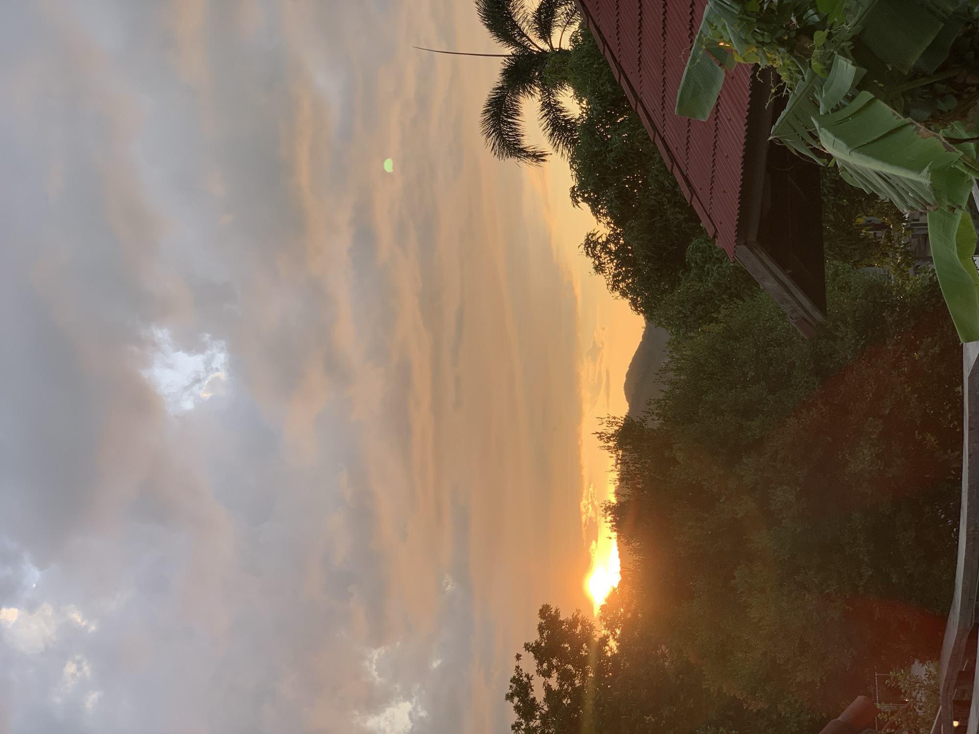The image captures a sunset scene in Ban Bang Rak, Thailand, as viewed from a rooftop. The sky is a gradient of soft oranges and grays, with dramatic clouds obscuring parts of the sun. The sun itself is a bright, intense orange ball peeking through the trees on the left side of the frame, casting a warm glow over the landscape. Lush green trees dominate the midground, with their branches silhouetted against the bright sky. In the foreground, a portion of a house with a red corrugated roof is visible on the right, along with large green banana leaves. In the distance, rolling hills are faintly visible under the fading light. A single palm tree stands tall on the right side of the frame. The overall atmosphere is serene and tranquil, characteristic of a tropical sunset. There are no people or specific actions depicted in the image.