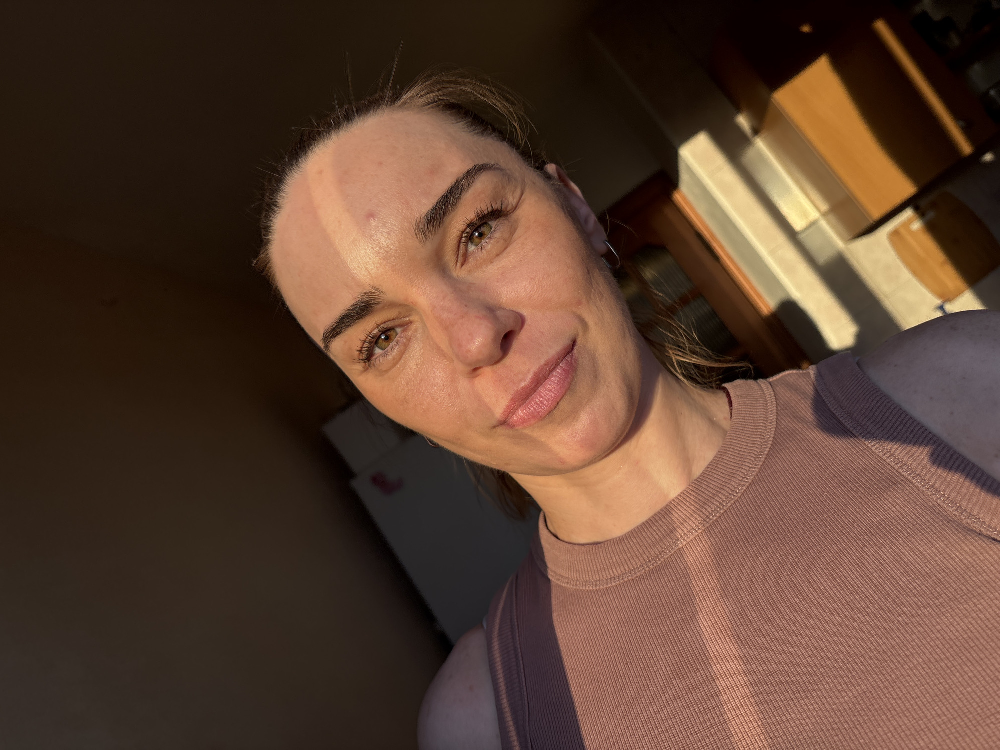 In an indoor setting, a woman is captured in a close-up selfie with warm, angled sunlight illuminating her face from the right. She has light skin with a scattering of freckles and some redness around her cheeks and forehead. Her eyebrows are dark and well-defined, and her eyelashes are visible. Her eyes are green. Her lips are slightly parted and appear to be coated in lip gloss. She is wearing a pink, ribbed crew neck shirt. Behind her, the background is dimly lit, showing a glimpse of furniture and what appears to be a refrigerator. The angled sunlight creates distinct shadows across her forehead and the surfaces in the background. The overall impression is a casual, candid moment bathed in the golden light of late afternoon or early morning. The location is not specified beyond "Unknown, Russia."
