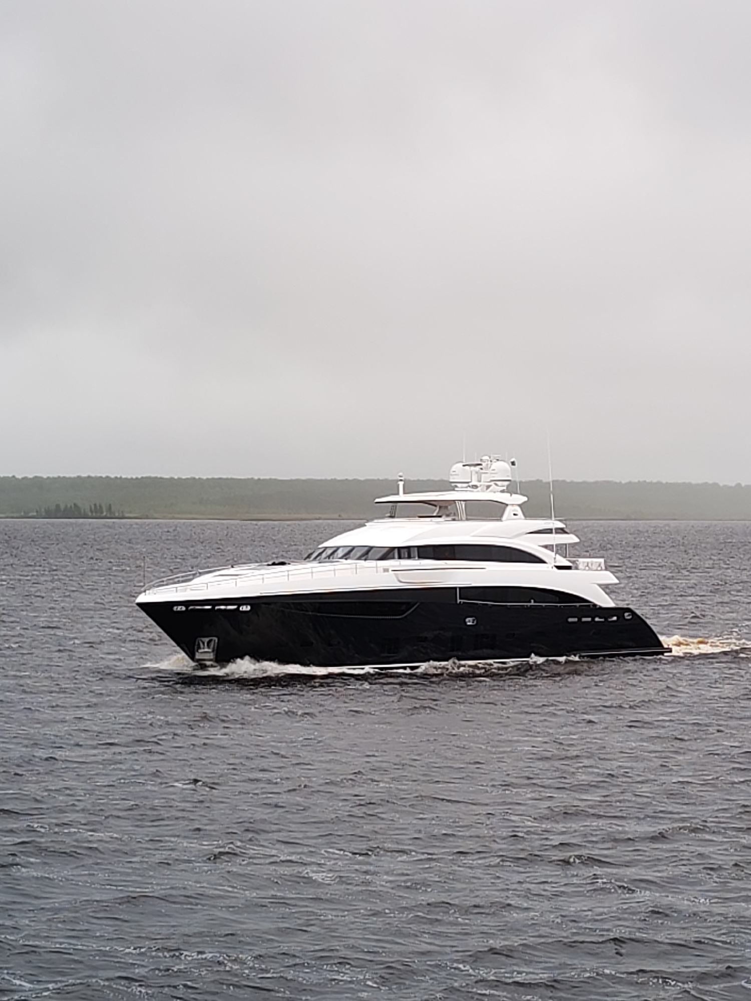 The image depicts a black and white yacht moving across a body of water. The sky is overcast, suggesting a gray or rainy day. The yacht is the primary subject, with a sleek design and multiple levels. A line of trees is visible in the background, suggesting a shoreline. The location in the city of Gorushka, Russia, cannot be definitively confirmed from the visual information.