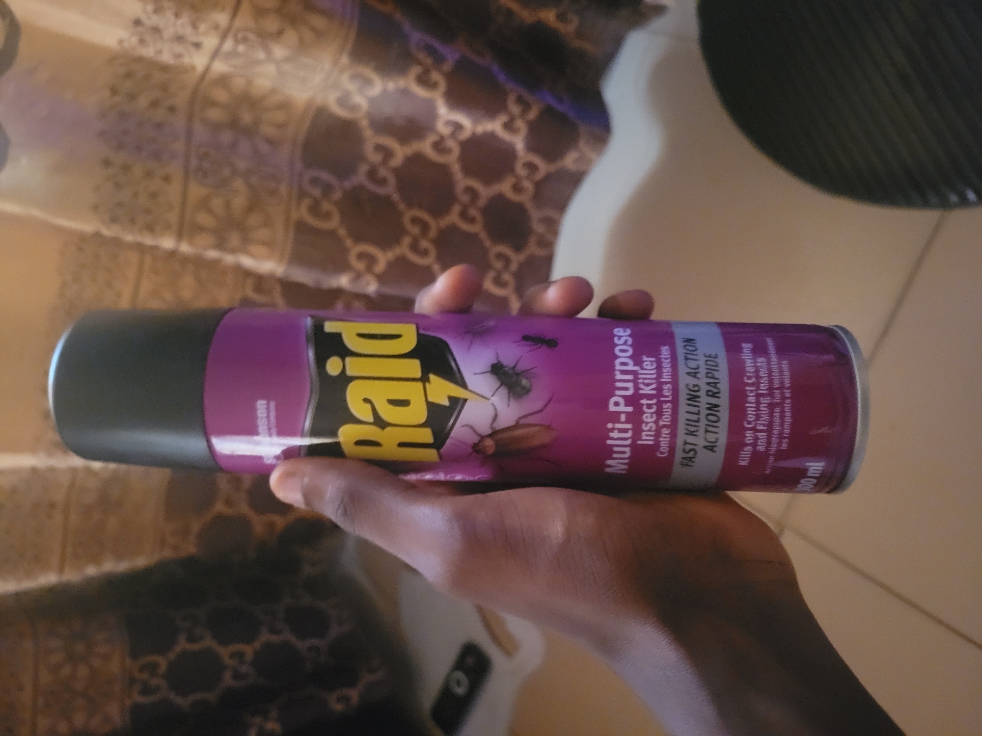 An individual's hand is holding a can of Raid Multi-Purpose Insect Killer. The can is primarily purple with yellow lettering for the brand name "Raid" and black lettering for the product description. The can features images of insects, including a cockroach and an ant. The background consists of a curtain with a patterned design and a tiled floor. The lighting is ambient. The image appears to be taken indoors.