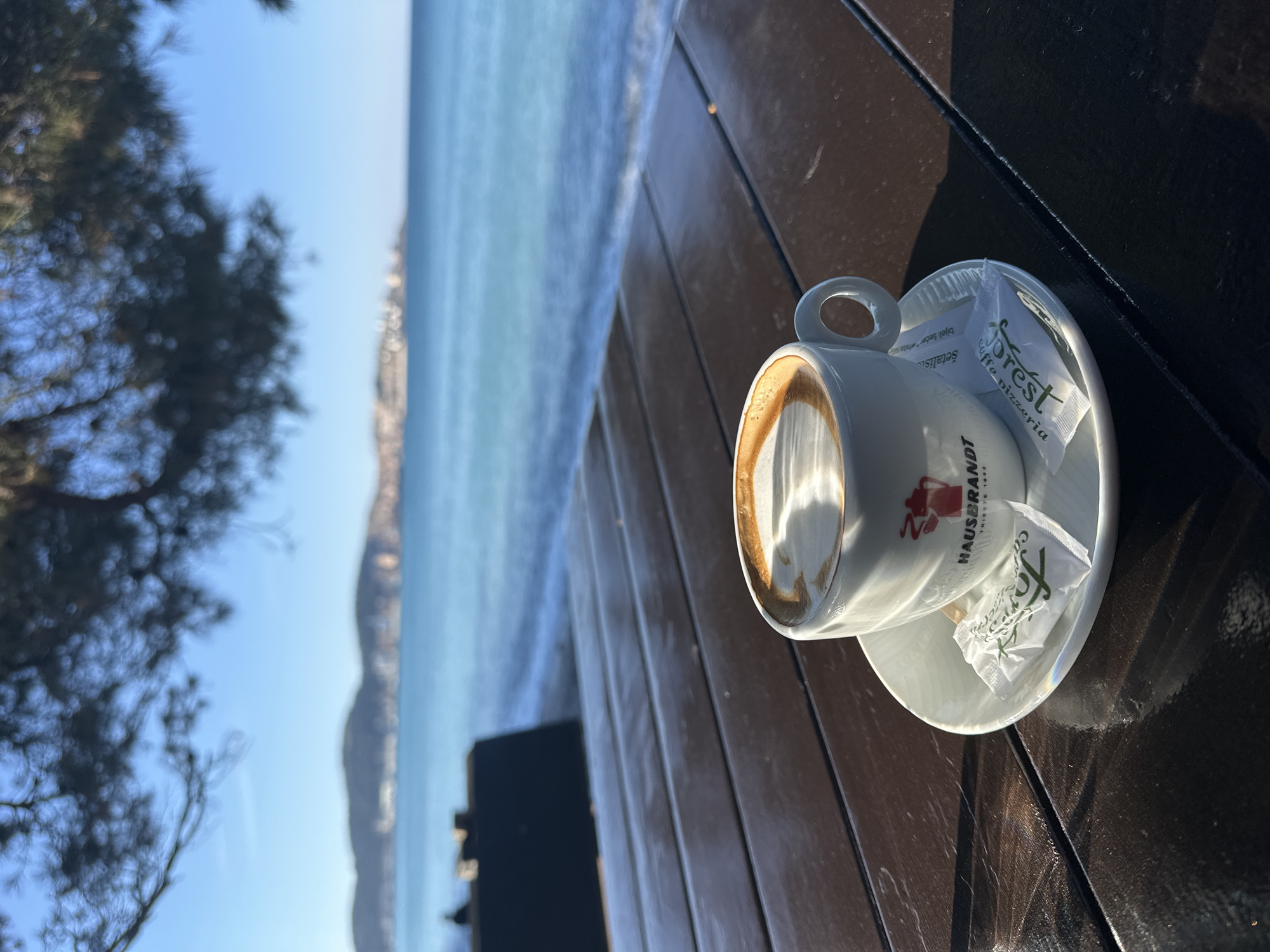 The image shows a cup of coffee on a wooden table, with the Adriatic Sea and the coastline of Šušanj, Montenegro, in the background. The coffee cup, labeled "HAUSBRANDT," is white with a saucer, accompanied by sugar packets from "Forest caffe pizzeria". The table is dark brown wood. In the background, the sea is turquoise, and the sky is blue. Parts of a tree can be seen at the left edge of the photo.