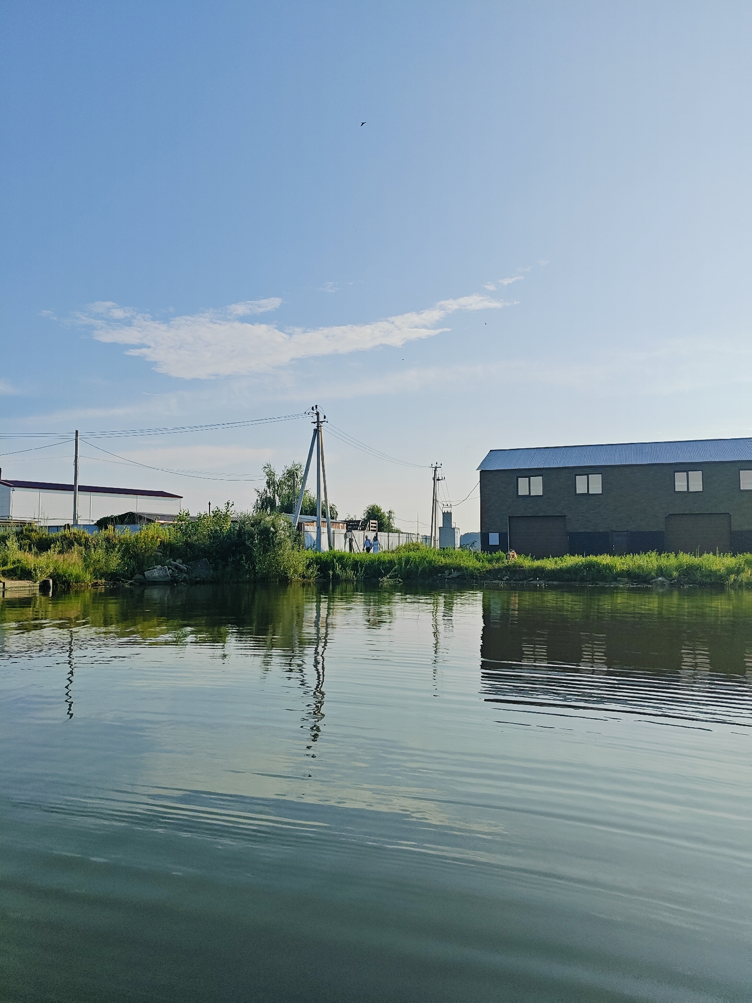 The image depicts a serene waterscape with a building situated on the far bank. The body of water in the foreground exhibits gentle ripples, reflecting the sky and the surrounding environment. On the bank, a long, dark building with a metal roof and multiple windows is visible. Adjacent to it is a smaller, white building with a dark red roof. Lush green vegetation and trees grow along the bank, interspersed with utility poles and wires. In the distance, two individuals can be seen walking near a fence. The sky is a clear blue with a few scattered white clouds. This scene is located in the city of Chaikovsky, Russia, specifically along the Kama River, which is a prominent geographical feature of the area, characterized by its industrial and residential zones bordered by natural landscapes.