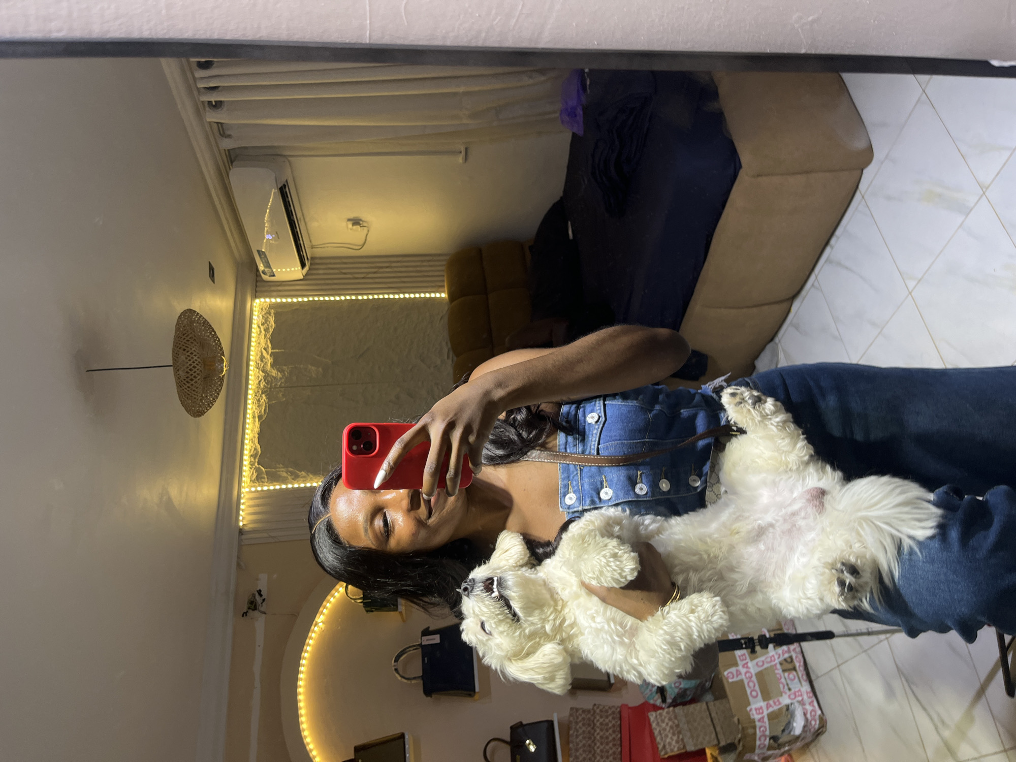 A full-shot, eye-level, indoor mirror selfie shows a young Black woman in Abuja, Nigeria, holding a fluffy white dog. The woman, wearing a denim jumpsuit and with long, dark, wavy hair, is smiling and taking a photo with her red smartphone. The dog is held upside down, with its mouth open and its tongue out, looking upwards. In the reflection of the mirror, a bedroom can be seen with a bed, a nightstand, an air conditioning unit, and various bags displayed on shelves. The room is illuminated by warm, ambient lighting from string lights and a decorative ceiling fixture. The overall impression is a candid and playful moment captured in a personal space.