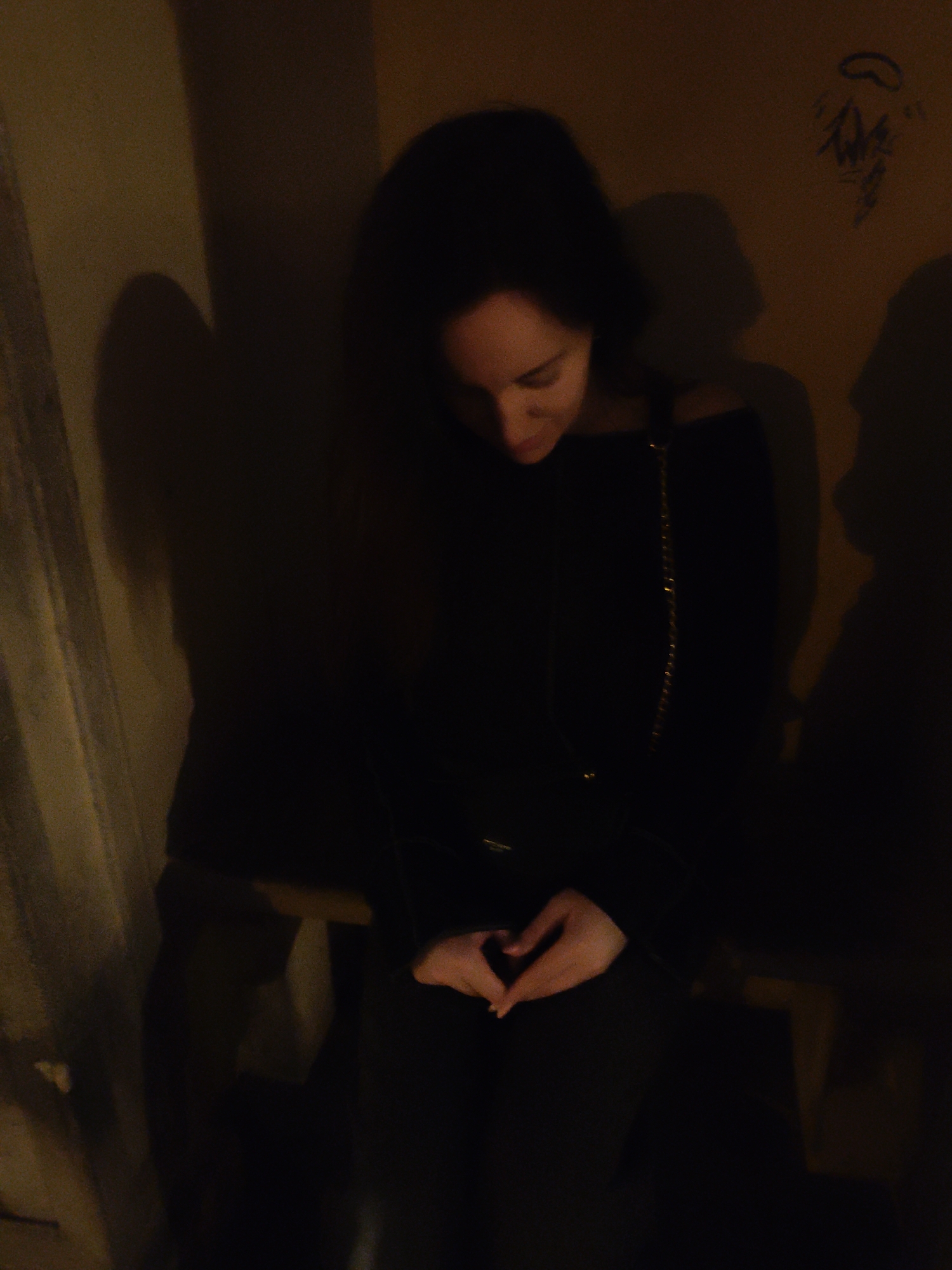 The image shows a young woman with dark hair and fair skin sitting in a dimly lit room. She is wearing a black top with a gold chain strap. Her head is bowed, and her hands are clasped in her lap. Her face is partially illuminated, revealing a slight smile. Behind her, there are shadows cast on the wall, one of which resembles a person. The wall itself appears to have some graffiti on it. The overall ambiance is intimate and somewhat mysterious. The location is not specified as Schwerin, Germany.