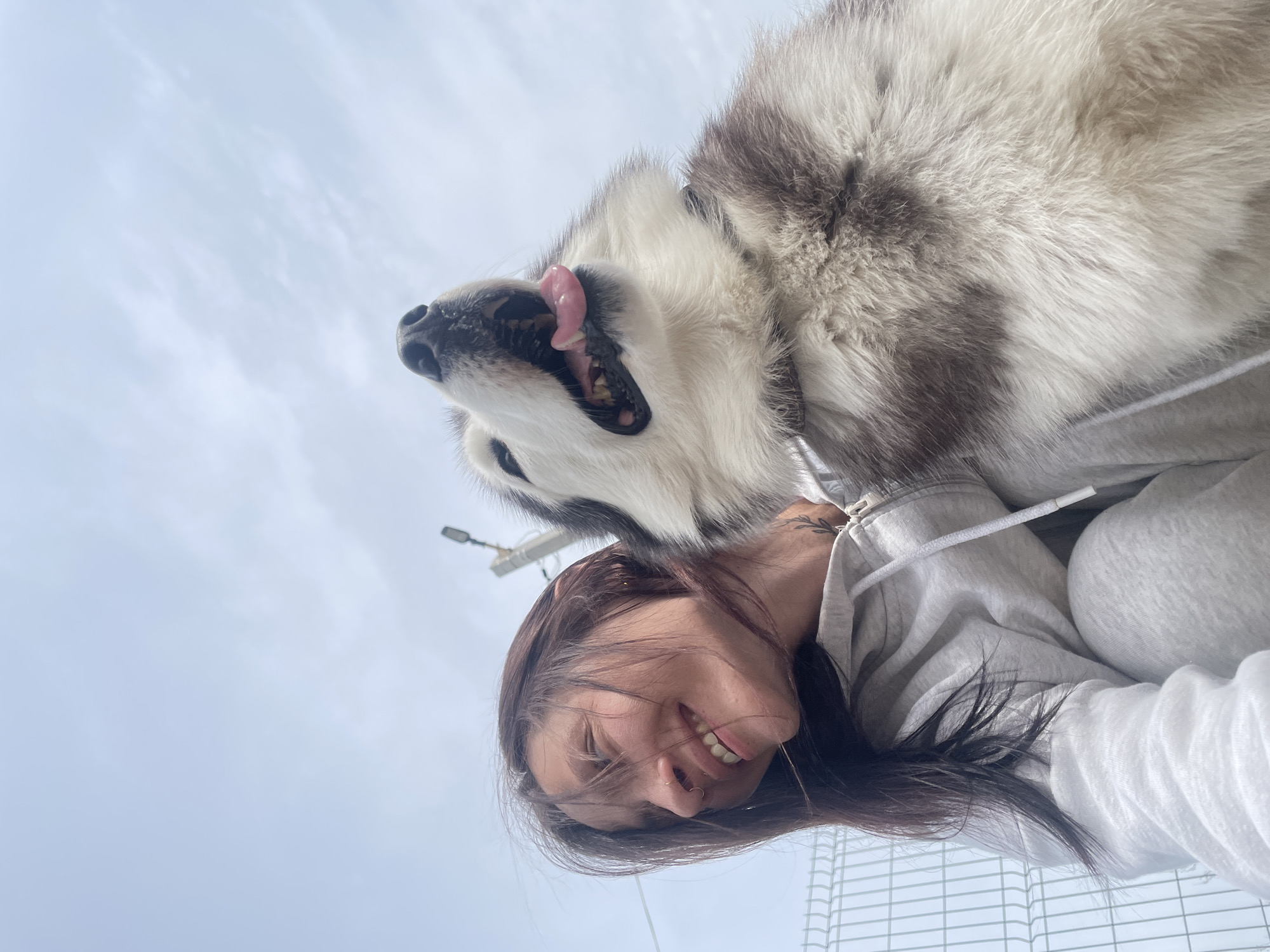 A low-angle shot captures a smiling woman being nuzzled by a husky-type dog. The woman has dark hair and wears a light gray hooded sweatshirt and a white long-sleeved shirt. She is smiling, her eyes are partially closed. The dog is positioned above her, its face filling much of the top of the frame. The dog is licking her with its pink tongue visible. The background consists of a cloudy sky and some street lamps, along with part of a fence. The location is possibly Izhevsk, Russia.
