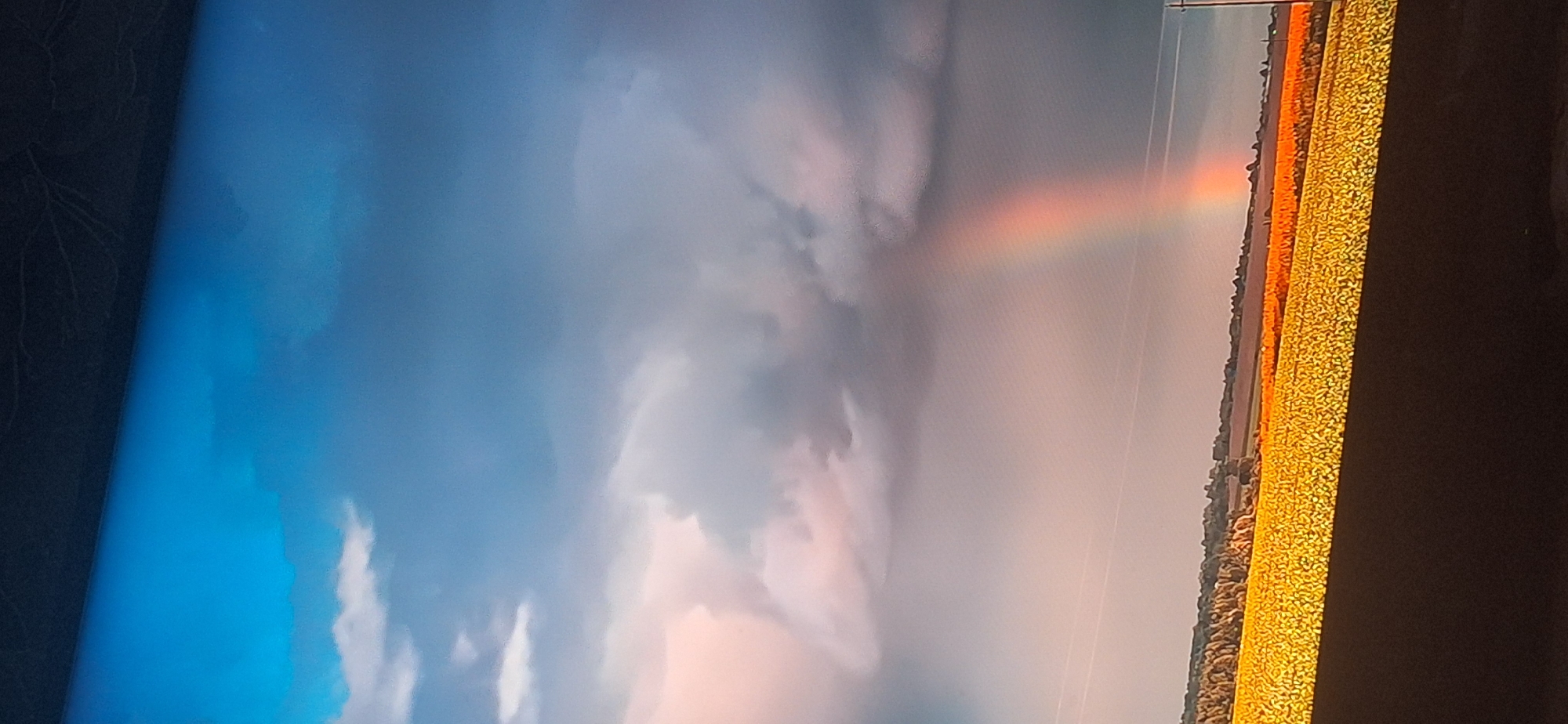 The image depicts a landscape scene with a prominent rainbow arching across a dramatic sky. The sky transitions from a bright blue at the top to dark, moody storm clouds, with hints of pink and orange light, possibly from the sun setting or breaking through the clouds. A vibrant rainbow is clearly visible, extending from the clouds down towards the horizon. Below the sky, a vast field of yellow flowers, likely sunflowers, stretches across the mid-ground. Beyond the yellow field, there is a darker strip of land and then a line of trees in the distance. The foreground is a dark, shadowy area. The scene appears to be an outdoor rural landscape. There are no people or specific urban structures of Bila Tserkva visible in the image.