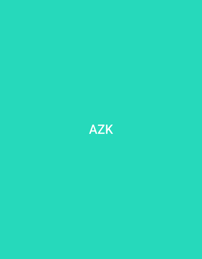 The image displays a minimalist graphic design featuring a solid, uniform teal-colored background. Centered horizontally and vertically on this field are the three capital letters "AZK" rendered in white, using a simple, unadorned sans-serif typeface. No additional visual elements, figures, objects, or environmental details are depicted within the frame. This graphic is associated with the city of Casablanca, Morocco.