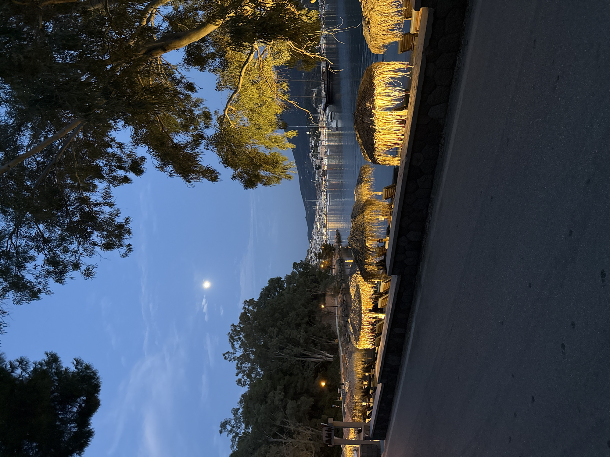 The image depicts a nighttime scene in Poros, Greece, showing a coastal road next to the harbor. The foreground features the asphalt road and a low wall lined with straw parasols covering lounge chairs. Beyond the wall is the harbor, with boats and reflections visible on the water. A mountain rises in the background on the opposite side of the bay. Trees frame the view from the left side, with their branches reaching into the sky. In the sky, the moon is visible amidst light clouds. Streetlights and building lights illuminate the scene.