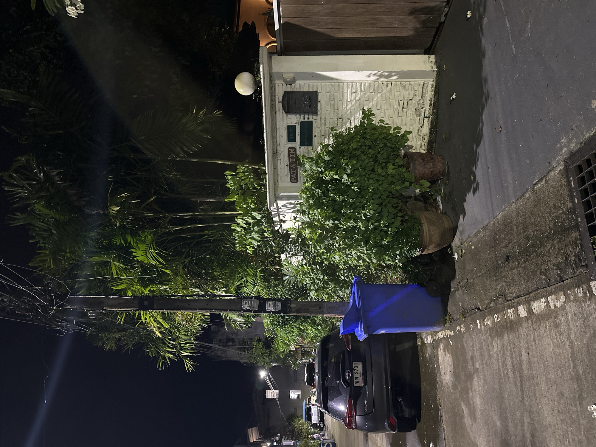 A night time, outdoor, street-level, medium shot shows a street in an urban environment. The scene is dominated by a dark, modern car parked on the left side of the street. Next to the car is a large, blue trash receptacle with a black lid. The car has a license plate with Thai characters and numbers. A light beam shines from the upper left corner of the frame, illuminating some of the surrounding palm trees and a power pole with multiple meters. To the right of the car and trash bin, a white brick wall stands with a mailbox, a sign that reads "PAT & TIM", and other smaller signs. In front of the wall are two potted plants, one large and leafy, the other smaller and rounder. A wooden gate is visible to the right of the wall. The street itself is wet and reflects the lights from the scene. The overall impression is of a quiet, residential street at night.