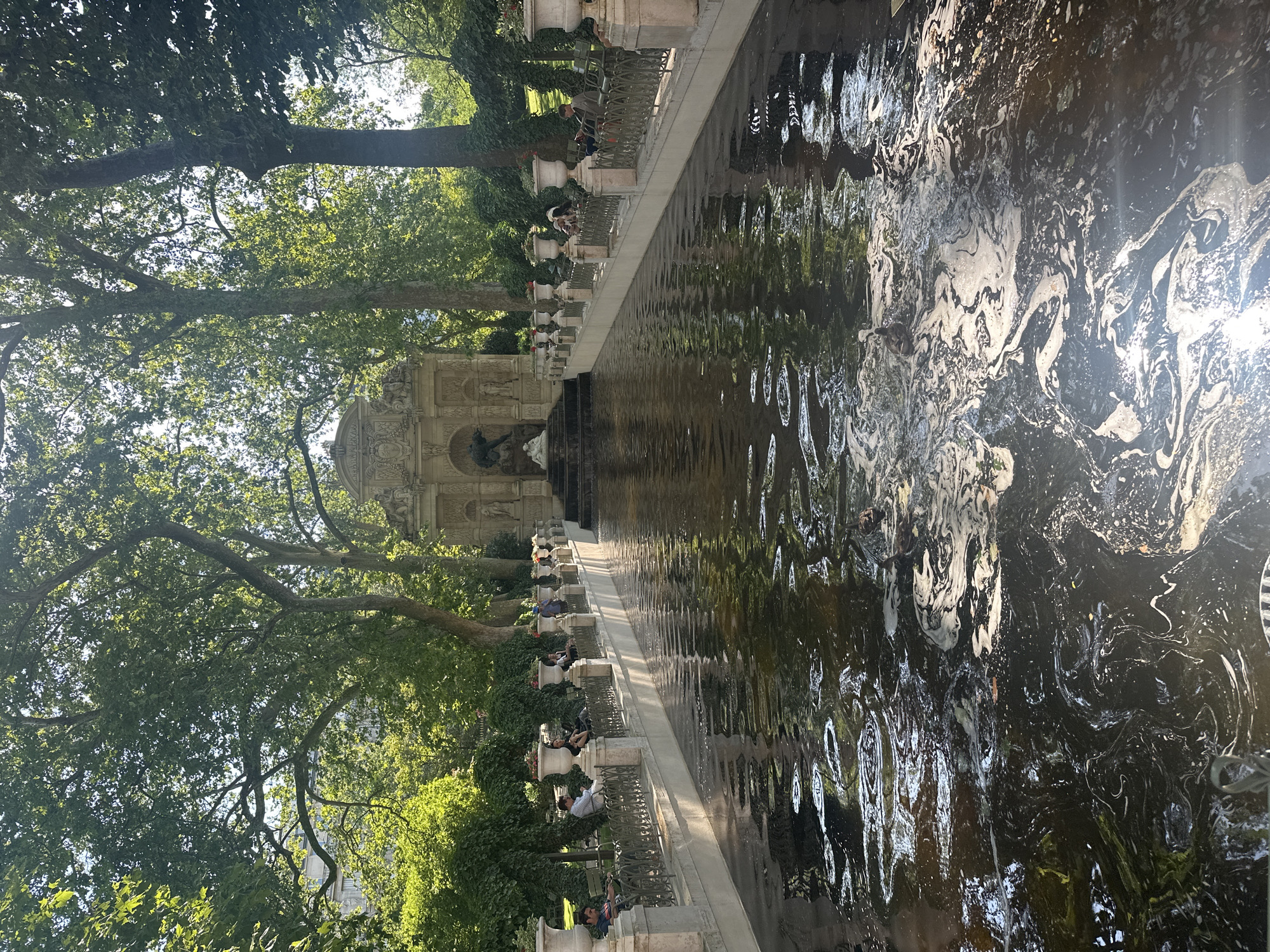 The image depicts a sunlit day in the Luxembourg Garden in Paris, France. In the foreground, a dark, rippling pool of water dominates the scene, with swirling patterns of foam and debris on its surface. Several ducks are visible swimming in the water. Along the edge of the pool, a white stone balustrade with decorative urns separates the water from a paved area where people are seated on green chairs, some looking towards the water or the fountain. In the background, a grand classical fountain with sculptures is set against a backdrop of lush green trees and foliage. The overall atmosphere is tranquil and serene, with the sunlight casting reflections on the water and highlighting the architectural and natural elements of the garden.