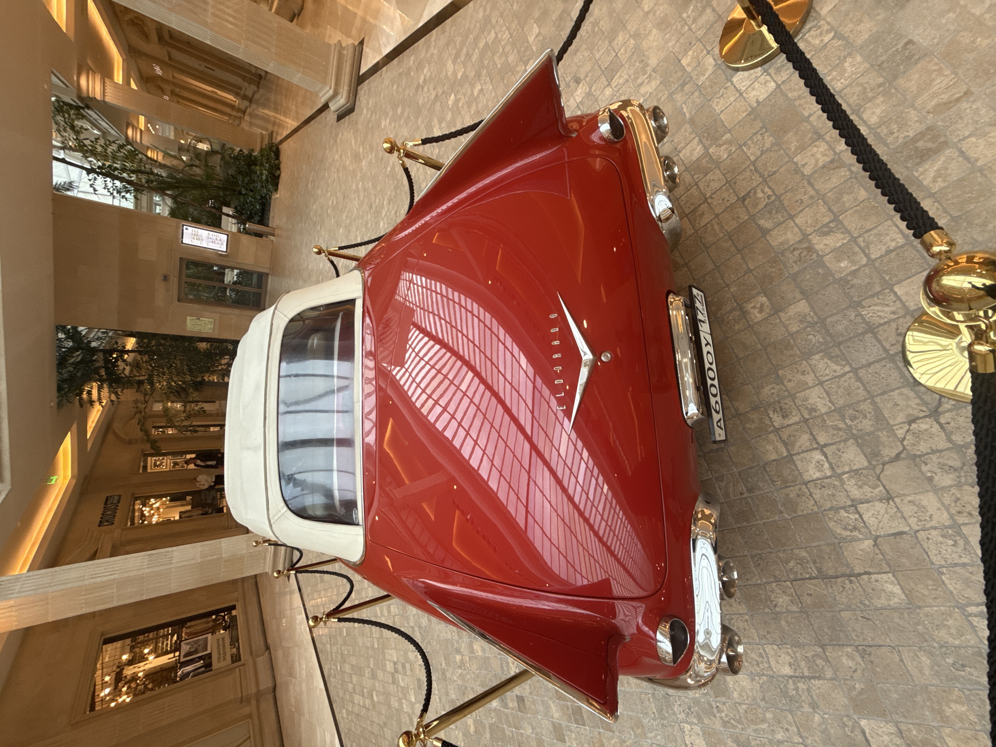 A bright red vintage convertible is displayed indoors, likely in a shopping mall or museum, given the polished tile flooring and architectural elements. The car is positioned on a diagonal, with its rear to the viewer. It has a white convertible top. The car's design features prominent tailfins with chrome trim and multiple chrome-accented taillights. The rear bumper also appears to be chrome. A license plate is visible on the back, displaying the text "A600OY". The car is roped off with black ropes and gold stanchions, suggesting it is an exhibit.
In the background, a store facade is visible with the word "CROCUS" prominently displayed. There are also reflections of the building's interior, including what appears to be a ceiling with a grid pattern, on the car's shiny surface. Plants and greenery are also visible in the background, adding to the indoor garden or atrium feel. The lighting appears to be artificial, casting a warm glow. No people are clearly visible in the frame. The overall impression is one of a well-maintained exhibit of a classic automobile in a public space.