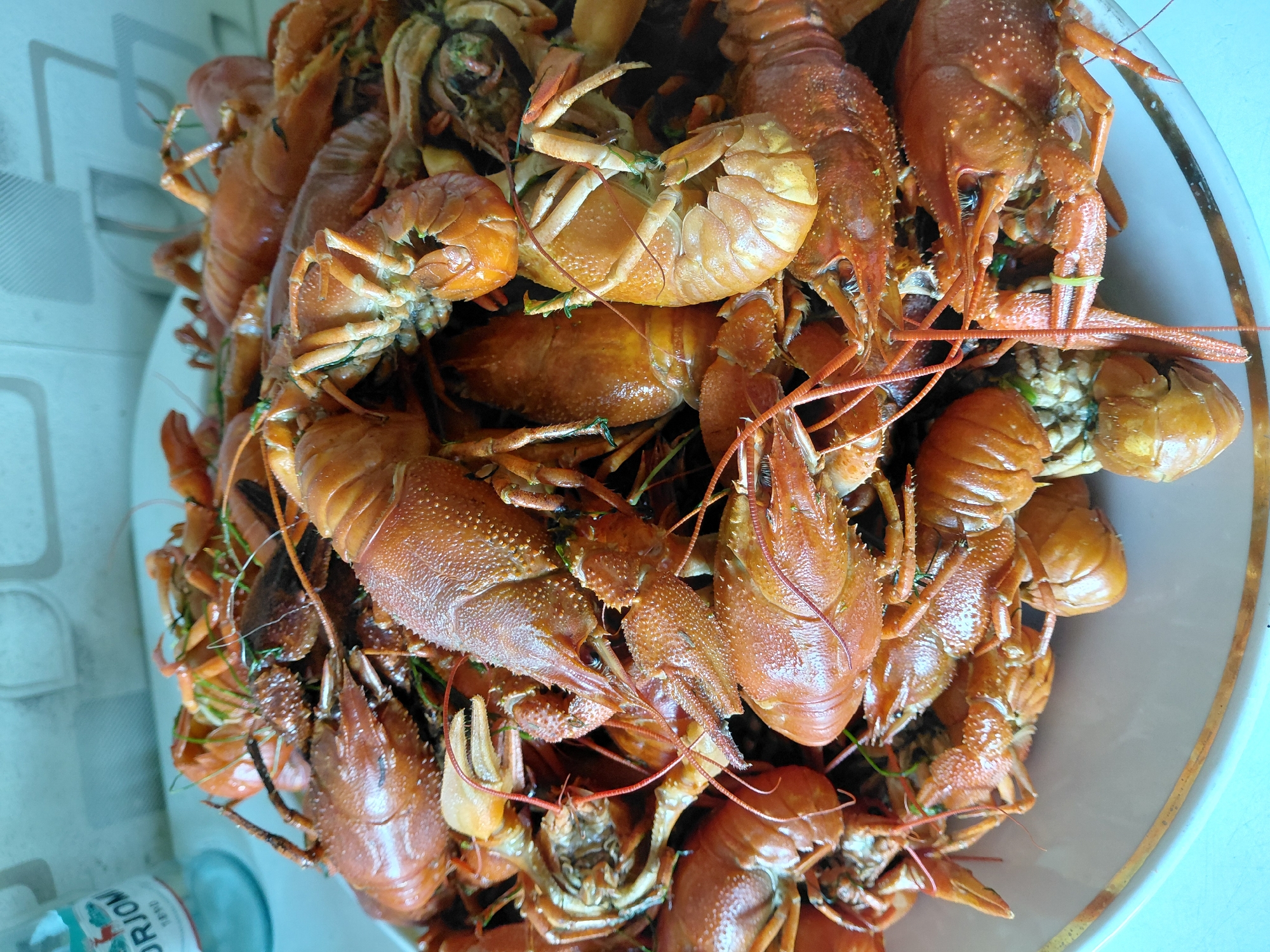 A close-up shot shows a large pile of cooked crawfish on a white plate with a gold rim. The crawfish are reddish-orange and appear to be seasoned with herbs. A partially visible bottle of liquid with a label that reads "ORJON" is to the left of the plate. The background is out of focus, showing a tiled wall and a light-colored surface.