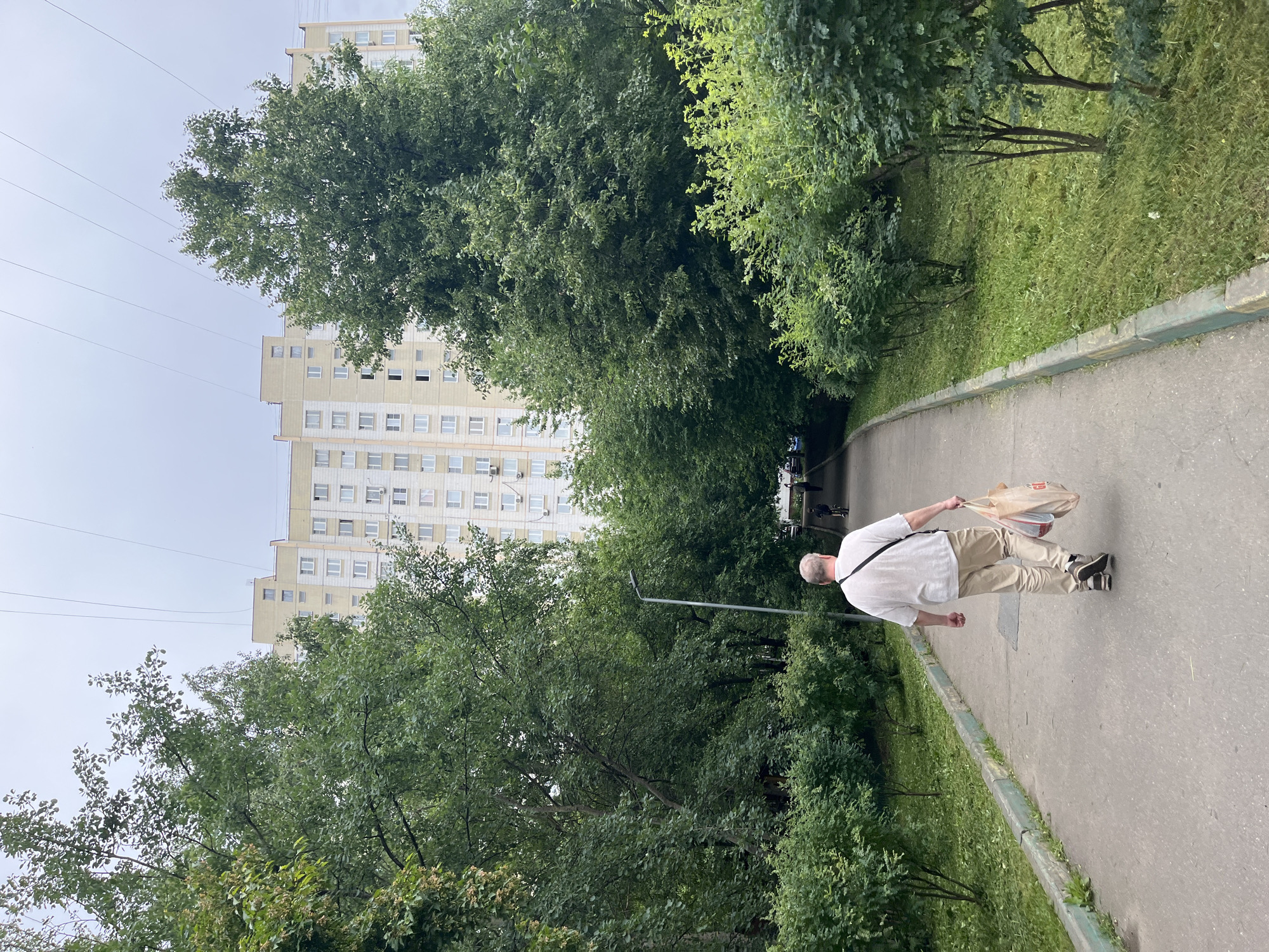 In a Moscow neighborhood, a man walks along a paved path, carrying two paper bags. He is dressed in a white short-sleeved shirt and light-colored trousers, with a black strap across his shoulder. He appears to be in his 60s, with graying hair. The path is bordered by a strip of green grass and lush trees, with a tall, pale yellow apartment building visible in the background. The sky is overcast, suggesting a cloudy or potentially rainy day. The scene is captured from a slightly elevated angle, looking down at the man and the surrounding environment. The overall impression is one of a typical urban scene, with residential buildings and greenery coexisting. The time of day appears to be daytime, given the lighting conditions. There is no visible text in the image.