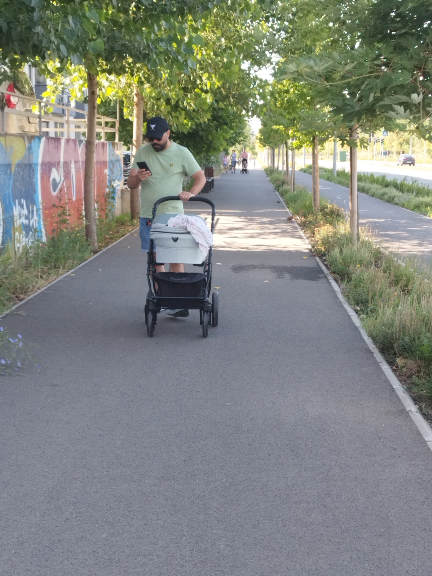 A man wearing a light green t-shirt, denim shorts, a black baseball cap, and sunglasses is walking along a paved path, pushing a gray baby stroller. He is looking at his smartphone. The path appears to be a dedicated pedestrian and cycling lane, bordered by grass and trees on one side and a road with a passing car on the other. To the left of the path is a wall with colorful graffiti. The scene is set outdoors, likely in a park or a well-maintained urban area, with ample sunlight casting shadows. This scene appears to be located in Bucharest, Romania, given the context provided.