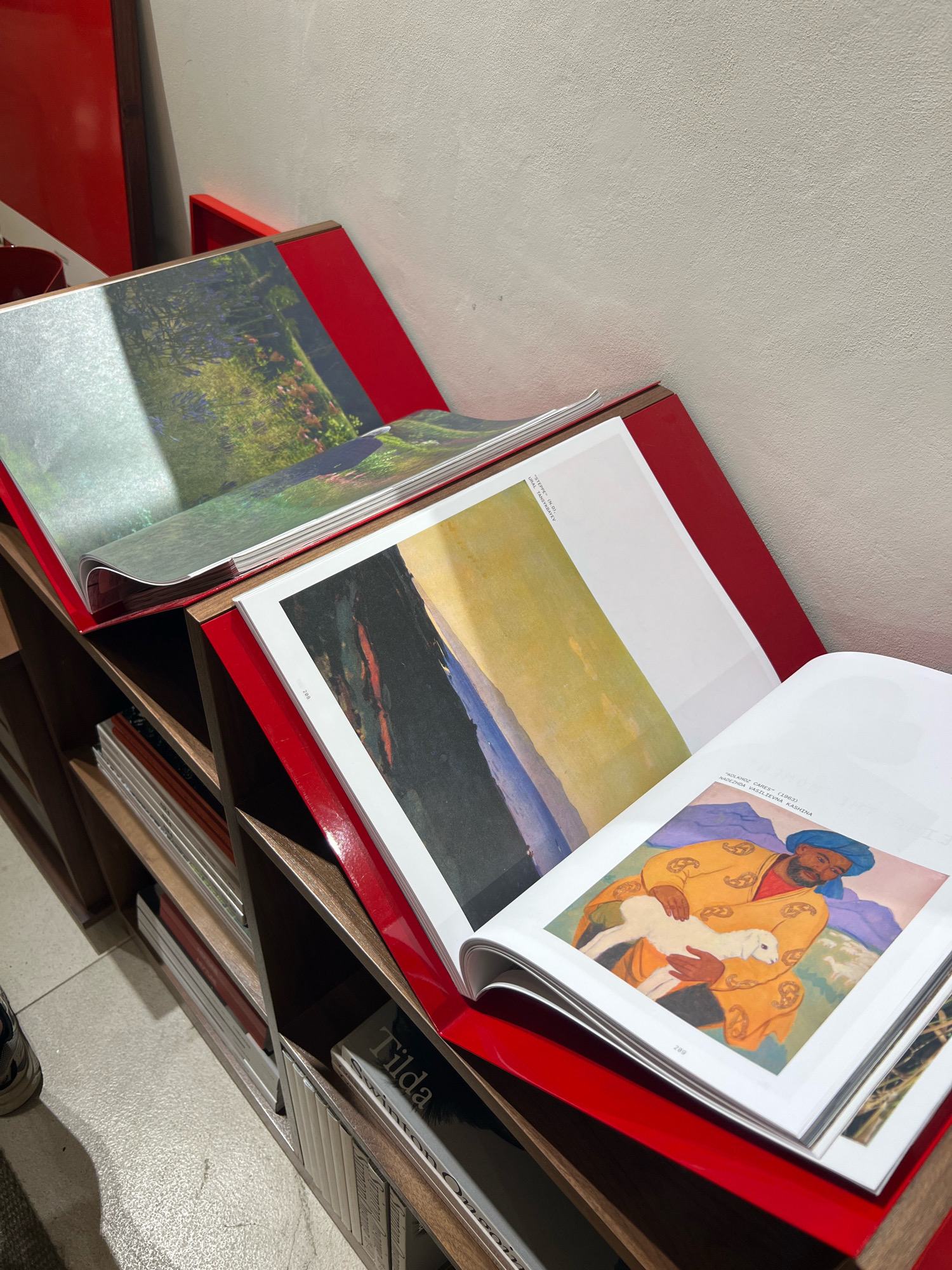 The image depicts a close-up, eye-level view of a bookshelf displaying several open art books. The bookshelf is made of dark wood with red accents on the shelves. The books are large format and showcase colorful artwork. One book on the top shelf features a landscape with lush green foliage and purple flowers. Below it, another open book displays a painting with broad strokes of yellow, blue, and dark green, possibly representing a landscape. The open pages are white with black text. On the bottom shelf, a book titled "Tilda" is visible, along with other books stacked horizontally. The background is a textured, light-colored wall. The scene suggests an art gallery, library, or bookstore. The image does not contain any people or show any specific city details.