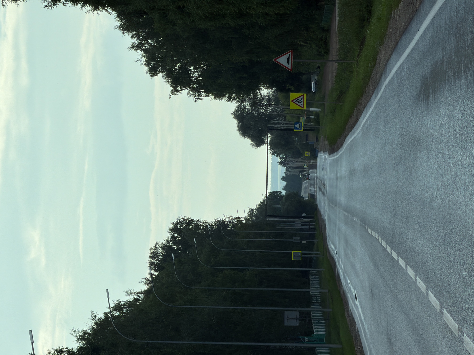 The image depicts a wet, paved road in a rural setting. The road is lined with tall trees on both sides, with streetlights also present along the left side. Several traffic signs are visible, including a pedestrian crossing sign, a speed bump warning sign, and a sign indicating a danger zone. A few vehicles are present in the distance on the road. The sky is overcast with a pale blue hue. The overall impression is a quiet, perhaps slightly damp, country road.
