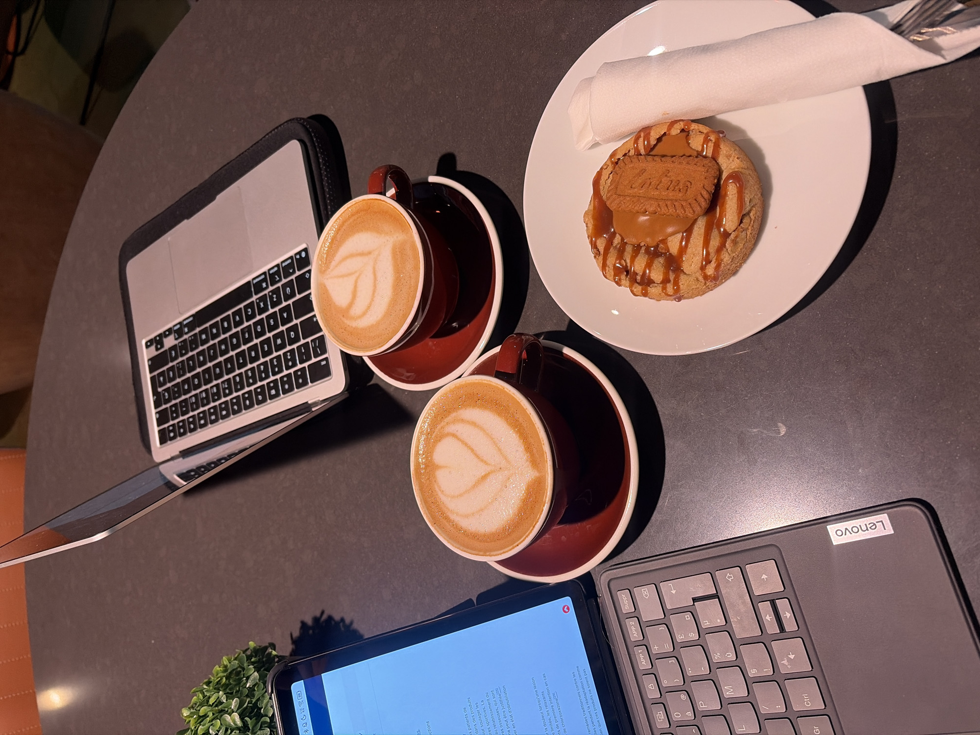 Here's a matter-of-fact description of the image:
The scene is an overhead shot of a dark-surfaced table. Two laptops (a Macbook and a Lenovo), a tablet, two cups of coffee with latte art, a Lotus-topped cookie, a white napkin, and a fork/knife combo are on the table. A small potted plant is visible in the lower left corner of the image. The setting seems to be indoors, likely a café or workspace. Location is unknown (not necessarily Montreal).