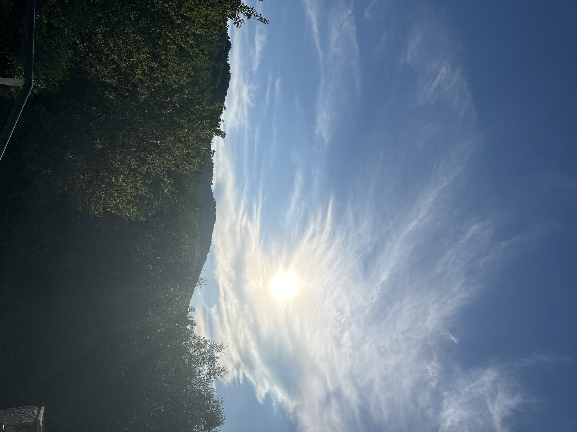 The image depicts a landscape scene with a mountain covered in lush green foliage on the left side and a bright blue sky filled with wispy white clouds on the right. The sun is prominently visible, shining brightly and creating a halo effect through the clouds. The sun's rays cast a warm glow across the sky, suggesting it is either morning or late afternoon. The mountain appears to be quite steep, and the dense vegetation indicates a natural, possibly rural or mountainous environment.
In the foreground, a portion of a stone structure is visible at the bottom left, along with a dark metal railing, hinting at a man-made viewpoint or structure. The overall mood is serene and picturesque, evoking a sense of natural beauty and tranquility. The lighting and cloud formations suggest fair weather.
The location context provided is Danilovka (Altai region), Russia. While no people or specific objects beyond the natural landscape and hints of human infrastructure are clearly identifiable, the scene captures a moment of natural splendor, likely enjoyed from an elevated position overlooking a valley or natural expanse. The image is oriented vertically, with the sky occupying the majority of the frame.