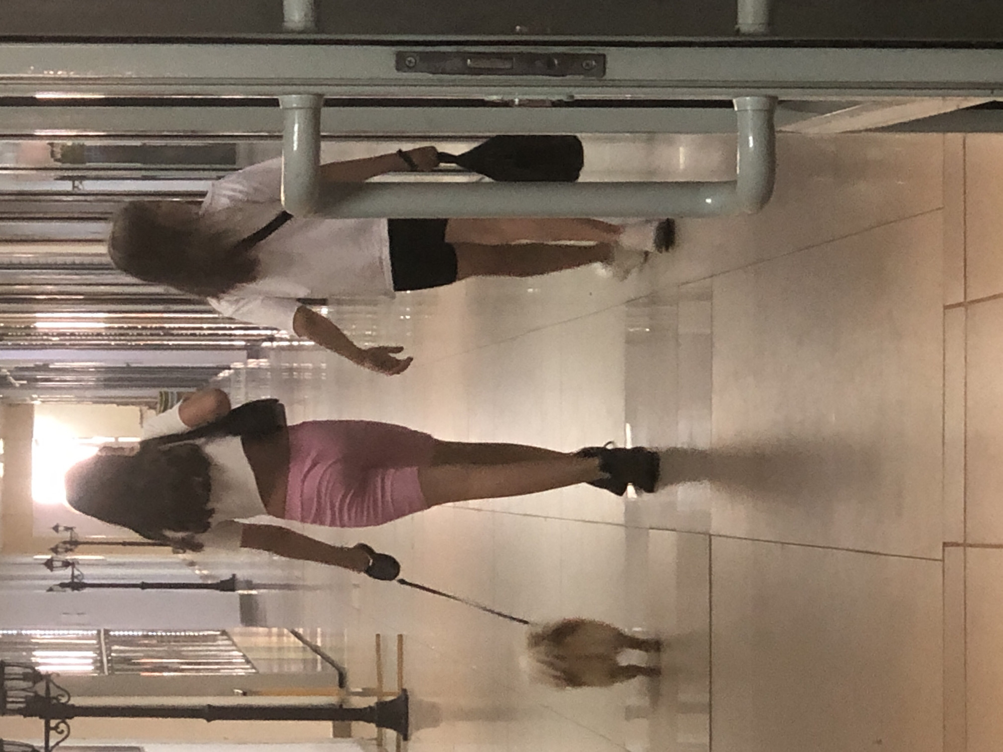 The image depicts two young females walking down a brightly lit indoor hallway. The hallway appears to be a commercial or public space, with tall lamp posts on the left and glass-paneled doors or walls on the right. The floor is tiled and reflective, suggesting a clean and well-maintained environment.
The first female, closer to the foreground and on the left, has dark, long hair and is wearing a white crop top and pink biker shorts. She is walking a small, fluffy, light-colored dog on a leash. Her body is angled away from the camera, and she appears to be looking forward.
The second female, slightly behind and to the right, has medium-length brown hair. She is wearing a white t-shirt and black shorts. She is carrying a black bag in her right hand. Her body is also angled away from the camera, and she is looking forward.
The image does not provide any specific visual cues to determine its location within the city of Solikamsk, Russia. The scene is generic for an indoor public walkway.