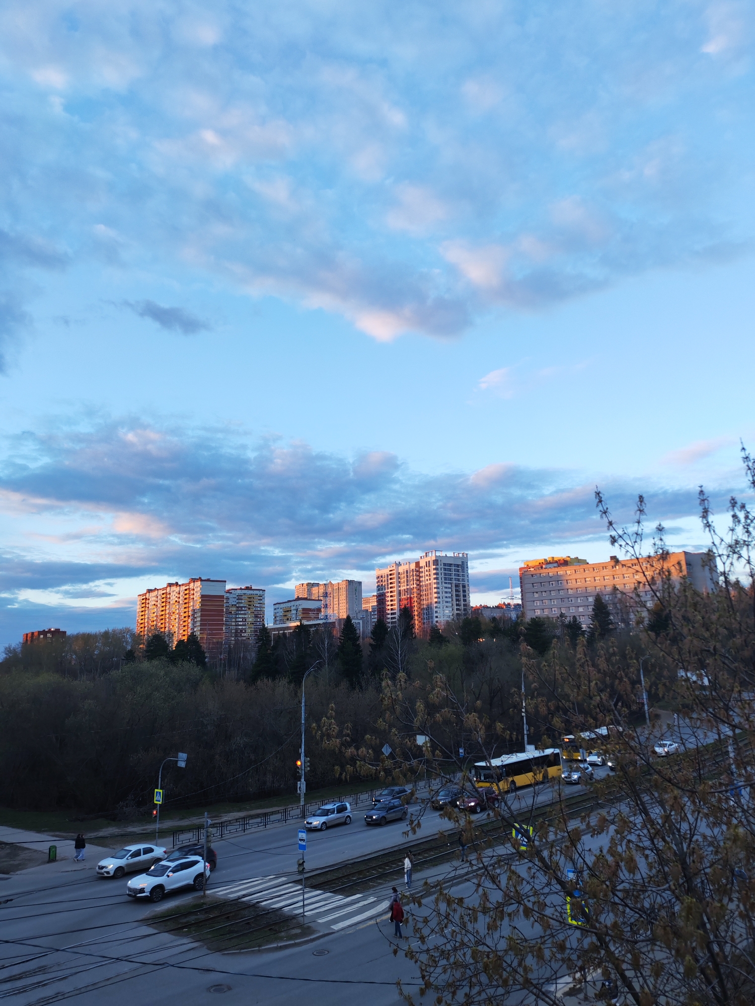 This image depicts an urban landscape in Izhevsk, Russia, likely during the late afternoon or early evening. The sky, occupying the upper half of the frame, is a mix of light blue and scattered clouds, with some clouds catching soft pink and orange hues from the low sun.
In the mid-ground, a series of multi-story residential apartment buildings rise above a dense line of trees. Several buildings on the left are strongly illuminated by direct, warm sunlight, making their facades appear in shades of orange and red, contrasting with other buildings that are partially or entirely in shadow.
Below the treeline, a multi-lane road runs across the image. Traffic is visible, including several cars of various colors (a white SUV, a silver sedan, and darker vehicles) and a prominent yellow public bus on the right side of the road. White striped pedestrian crossings are marked on the asphalt. Street infrastructure includes streetlights and a traffic light showing an orange or red signal. A yellow triangular sign indicating a pedestrian crossing is clearly visible, as is a blue rectangular sign with a white bus icon, possibly marking a bus stop.
A few pedestrians are scattered along the sidewalks and near the crossings, adding to the sense of an active city. In the immediate foreground, especially on the right, bare tree branches with newly budding leaves partially obscure the view, suggesting the season is early spring. The scene captures a tranquil yet active moment in a residential area.