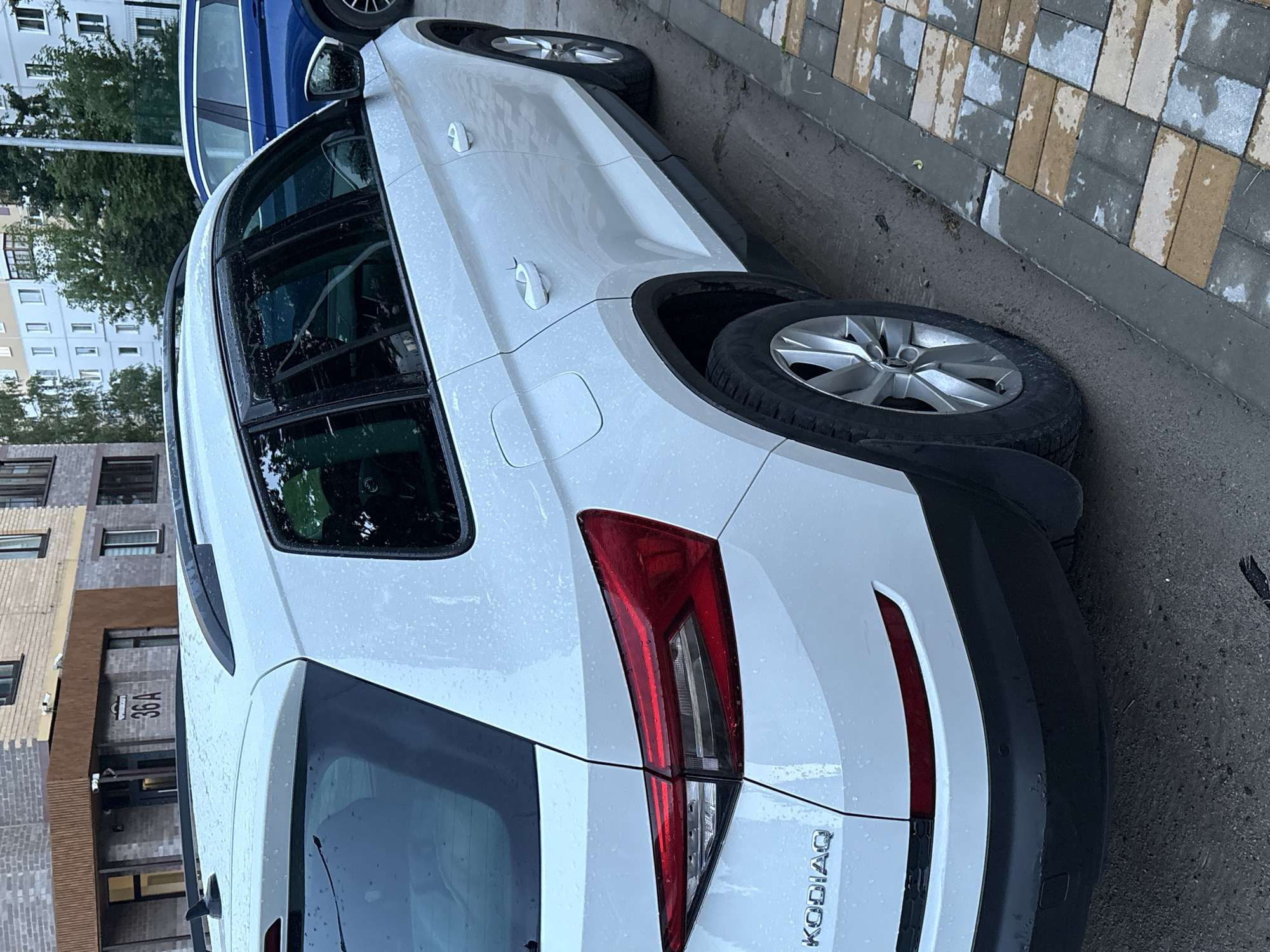 A white Skoda Kodiaq SUV is parked on a wet paved surface adjacent to a grey asphalt area. The car's rear is visible, including the taillight assembly, the "KODIAQ" badging, and a portion of the rear bumper. The car is wet, with visible water droplets on its surface, suggesting it has recently rained. In the background, a blue vehicle is parked. Behind the vehicles, a multi-story residential building with a light-colored facade and dark windows is visible. An entrance to the building, marked with the number "36 A," is also present. The environment appears to be an urban setting, likely a residential courtyard or street in Vitebsk, Belarus, given the architectural style and the typical street pavement. No people are visible in the frame.