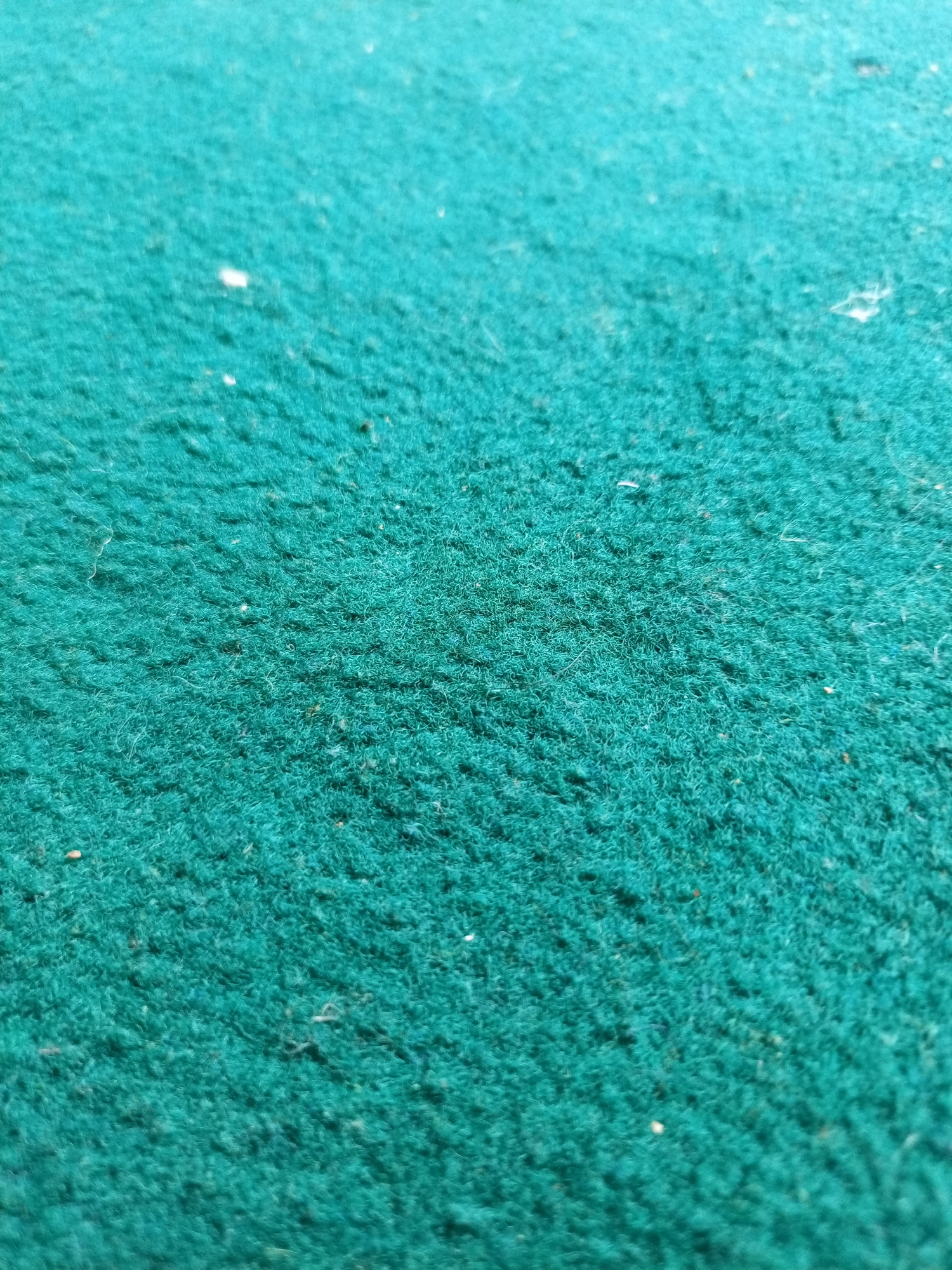 This is a close-up, abstract photograph of a textured, teal-colored surface, likely carpet or felt. The image is primarily a study of texture and color, with no discernible subjects like people or distinct objects. The shallow depth of field blurs the background and foreground, emphasizing the tactile quality of the material. Scattered throughout the surface are a few tiny white specks, possibly dust or lint. The lighting appears to be natural and diffused, suggesting an indoor setting. There is no visible text in the image. Given the provided location context of Lhokseumawe, Indonesia, this surface could be part of furniture, flooring, or a decorative element within a building in that region. The overall mood is neutral and contemplative due to the abstract nature and lack of clear context.