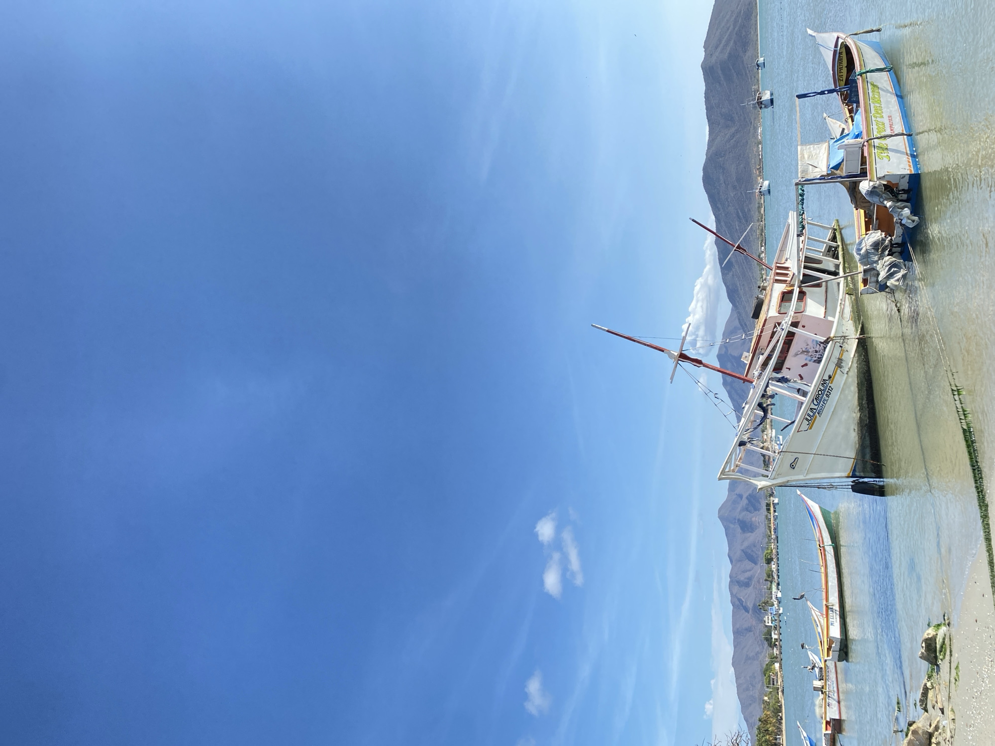 This image depicts a tranquil coastal scene in Juan Griego, Venezuela, bathed in bright midday sun. The scene is dominated by a vast, clear blue sky with only a few wispy clouds, suggesting excellent weather.
In the midground, several traditional fishing boats are docked or anchored in calm, clear, turquoise waters near a sandy and rocky shore. The most prominent boat, occupying the central-right portion of the frame, is a white vessel with blue trim. Its side clearly displays the name "JULIA CAROLINA" and the registration number "R-024 FE-0010". This boat features a mast and some covered equipment, likely outboard motors, suggesting it's a working fishing vessel. Behind it, another boat, also white with blue and green accents, is visible, bearing the name "LA PASTORA" and the registration "R-024 FG-0011". Other smaller boats are scattered further along the shoreline.
The water is very clear, allowing the sandy bottom near the shore to be visible. The shoreline itself consists of light-colored sand interspersed with small rocks and some patches of green growth. In the background, a range of large, rugged mountains rises, displaying earthy tones and a dry, sparse landscape.
No people are visible in the photograph, contributing to a serene and undisturbed atmosphere. The bright sunshine and clear conditions point to a pleasant day, likely mid-morning or early afternoon. The overall impression is one of peaceful coastal life, centered around the fishing industry.