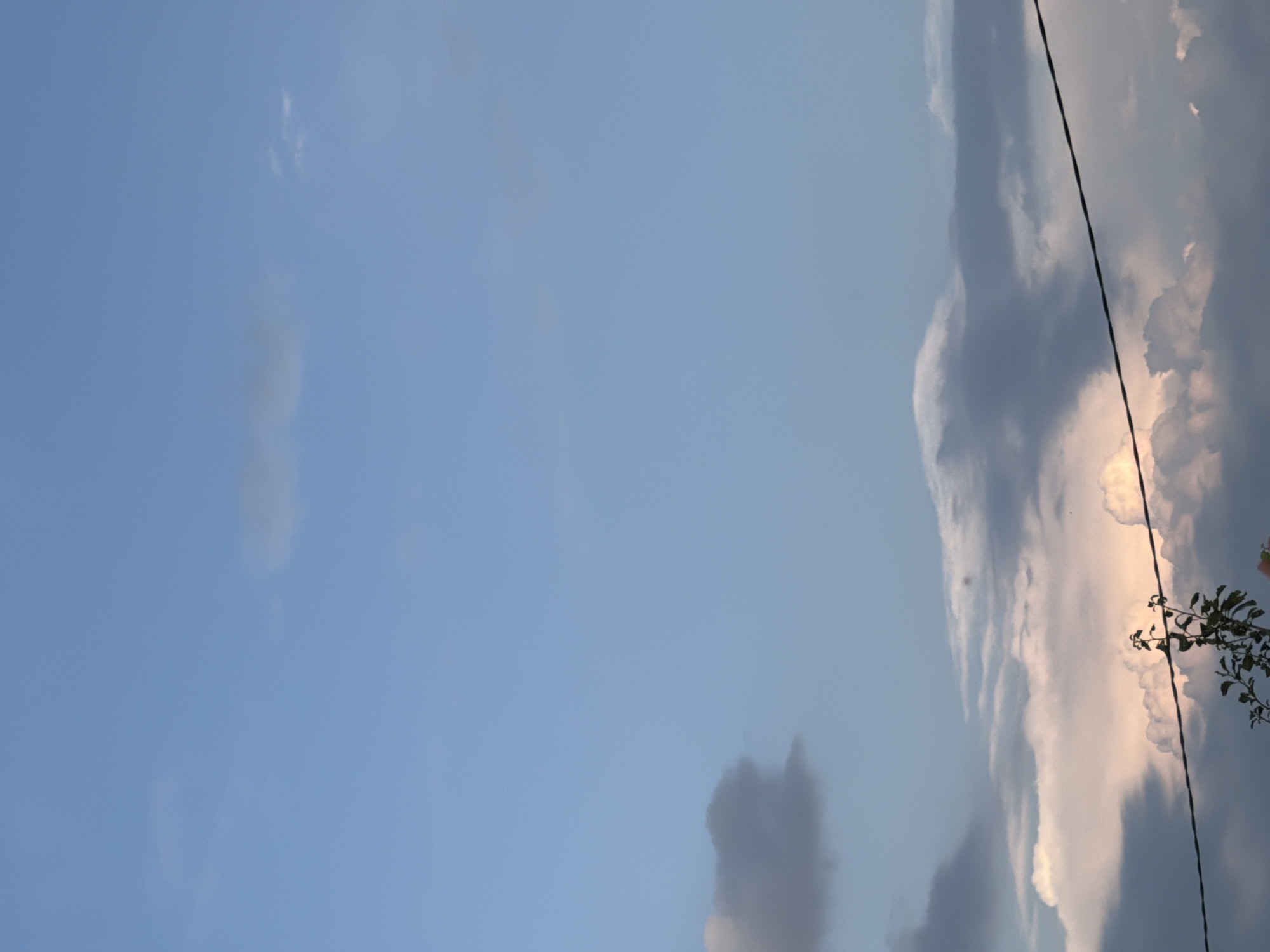 The image depicts a sky with scattered clouds, some appearing dark and others illuminated with a peachy hue, suggesting it might be during sunrise or sunset. A thin, dark power line stretches diagonally across the lower half of the frame. In the bottom left corner, a small, leafy plant is visible, partially obscuring the power line. The scene is open and appears to be outdoors, with no specific urban landmarks from Tbilisi, Georgia, immediately identifiable. The overall impression is one of a natural sky observation, devoid of any human activity or distinct architectural features.