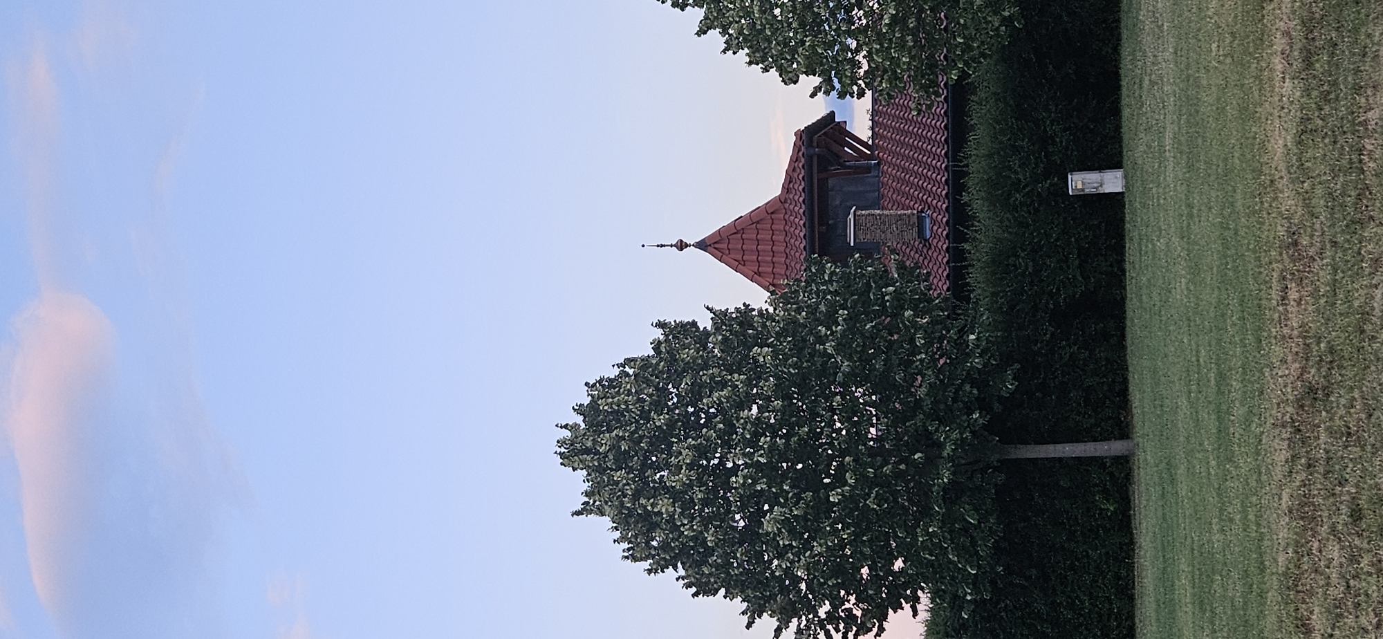 The image depicts a view of a red-tiled roof and turret of a building, possibly a house or an outbuilding, peeking through green foliage in Hévíz, Hungary. A mature tree with green leaves stands prominently in the foreground to the left, and another tree of similar size is partially visible on the right. A dense green hedge runs horizontally across the mid-ground, separating the grassy foreground from the building. The sky above is a pale blue with a hint of pink clouds, suggesting it is either dawn or dusk. In the grassy area to the right, a small, light-colored rectangular utility box stands on a small patch of drier grass. The overall scene is serene and appears to be captured in a residential or park-like setting.