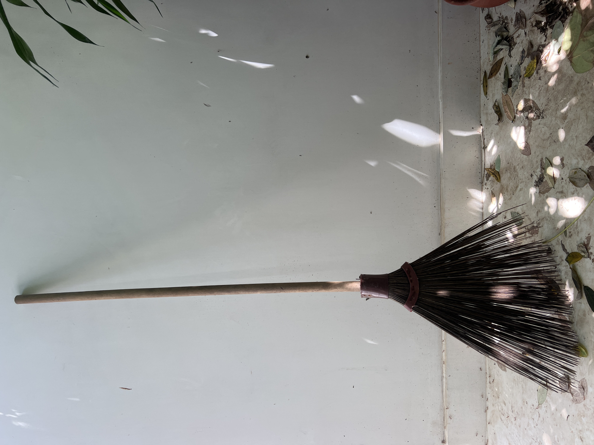 The image captures a broom lying horizontally on a light-colored ground beside a clean white wall. The broom features a long, light brown wooden handle and a head composed of numerous dark, stiff bristles, secured by a reddish-brown plastic or synthetic band.
To the left, the broom's handle rests on the immaculate white wall, while its bristled end extends over a light-colored tiled or concrete floor on the right. This floor area is scattered with dried, brown, and some greener fallen leaves, along with some dirt and debris. A distinct line or seam separates the wall from the floor.
The scene is brightly lit by natural sunlight, which casts dappled patterns of light and shadow across both the wall and the floor. These bright, irregular light patches suggest sunlight filtering through overhead foliage, hinting at an outdoor or semi-outdoor setting. In the top left corner, a few green leaves from a plant are visible, reinforcing the outdoor environment. No people or visible text are present in the image. The overall impression is that of a quiet, sunlit area, perhaps a patio or garden pathway, where sweeping might have just occurred or is about to.
