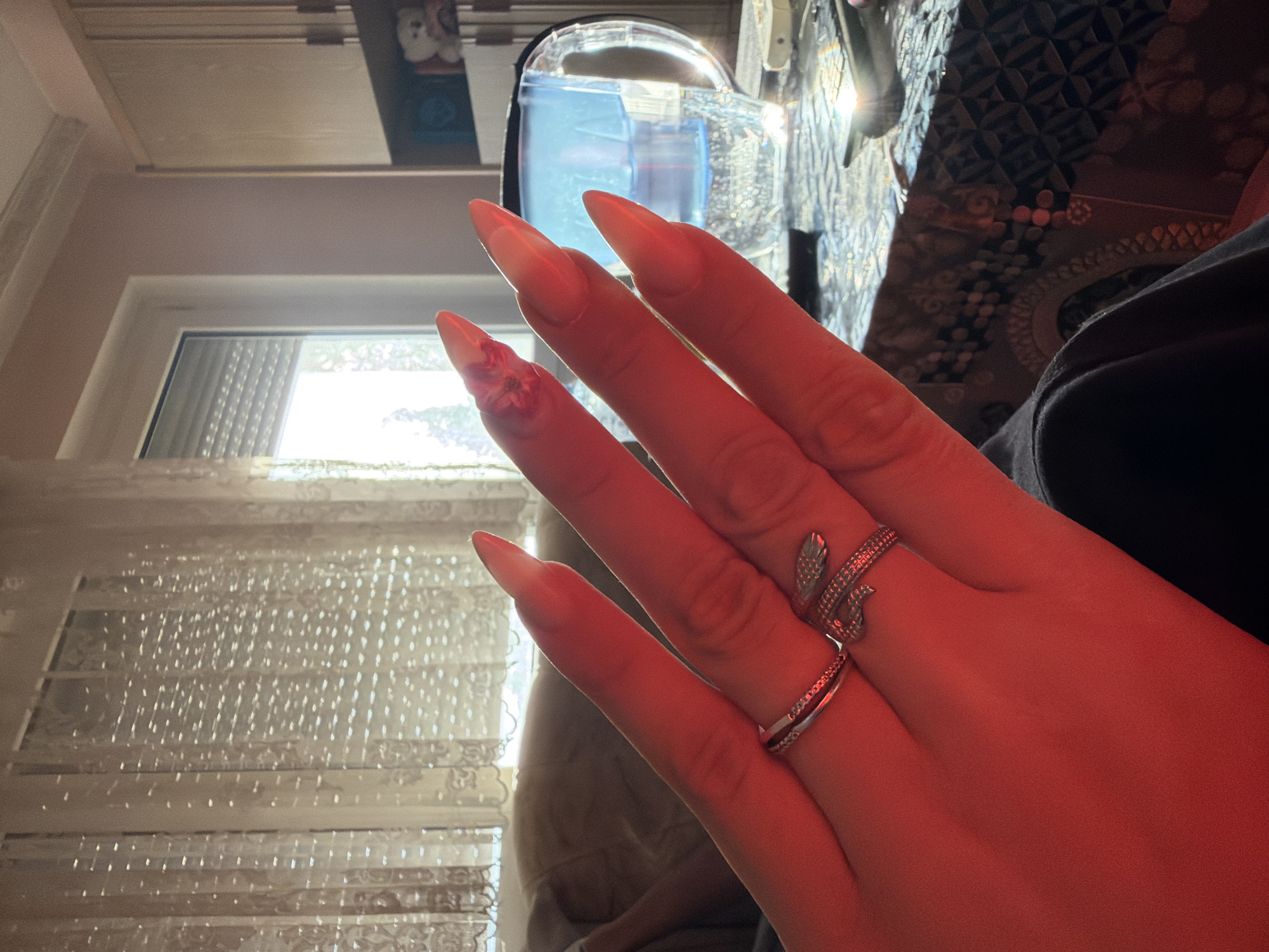 The image shows a person's hand with long, pointed, light-colored fingernails. The hand is adorned with two rings: a silver snake-shaped ring on the middle finger and a delicate silver band on the ring finger. The hand is illuminated by a warm, red light, casting a strong glow and casting shadows.
The background is out of focus but appears to be an indoor setting. To the left, there's a window with white curtains or blinds, suggesting daylight filtering in. The window is framed by a light-colored wall or structure. In the upper portion of the image, parts of furniture or shelves are visible, including what looks like a water dispenser with blue liquid. Further in the background, patterned fabric or a rug can be seen. The overall lighting suggests it might be evening or a room with artificial, colored lighting. The specific location cues are limited, but the prompt indicates the setting is Stara Zagora, Bulgaria. There is no visible text in the image.