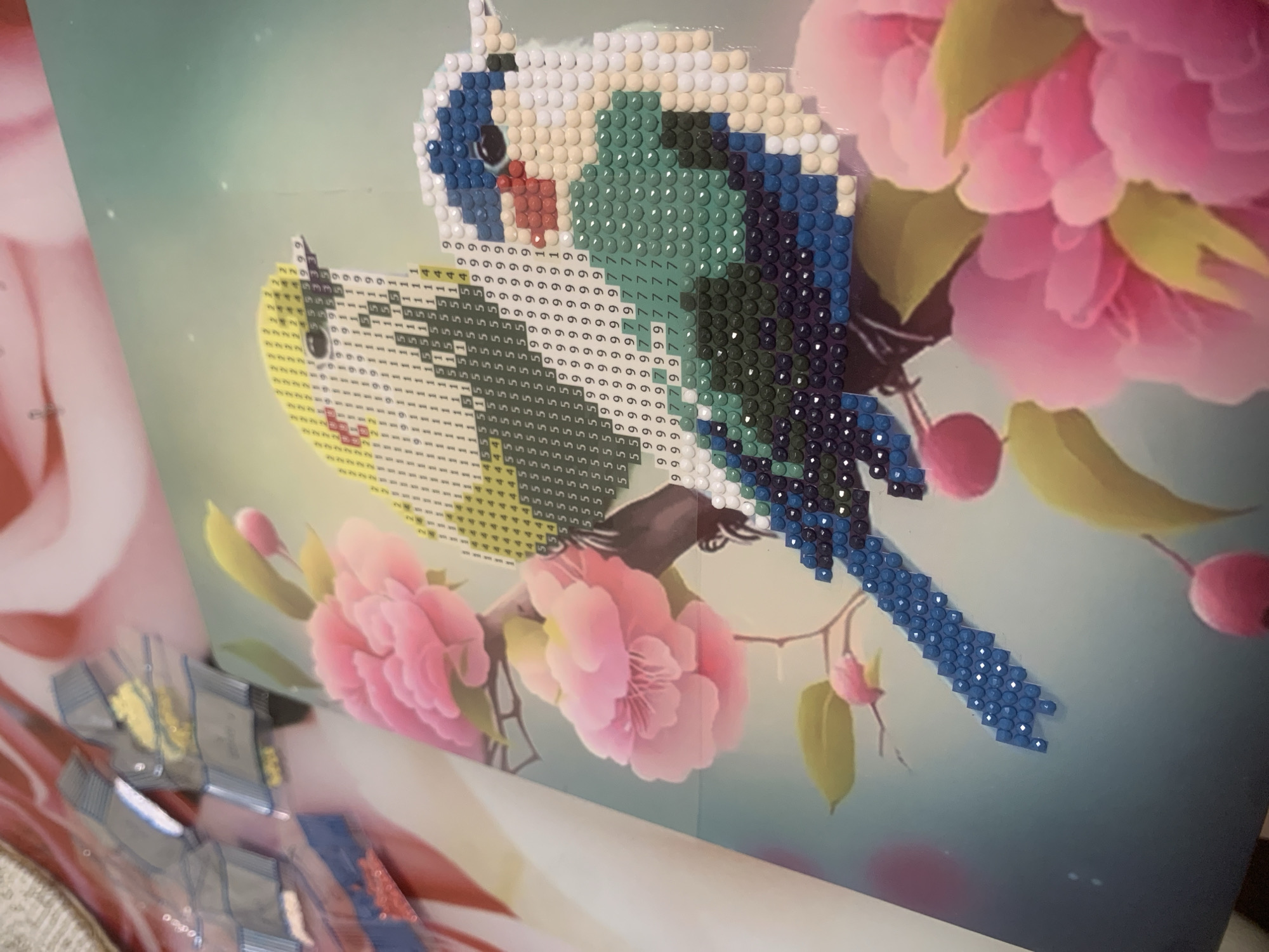 The image shows a partially completed diamond painting of a bird perched on a flowering branch. The bird is depicted in shades of white, blue, and green, and the flowers are pink and yellow. The painting is on a flat surface, and several bags of diamond beads and tools are nearby. The background of the painting is a gradient of pale blue and green. No location is discernible from the image.