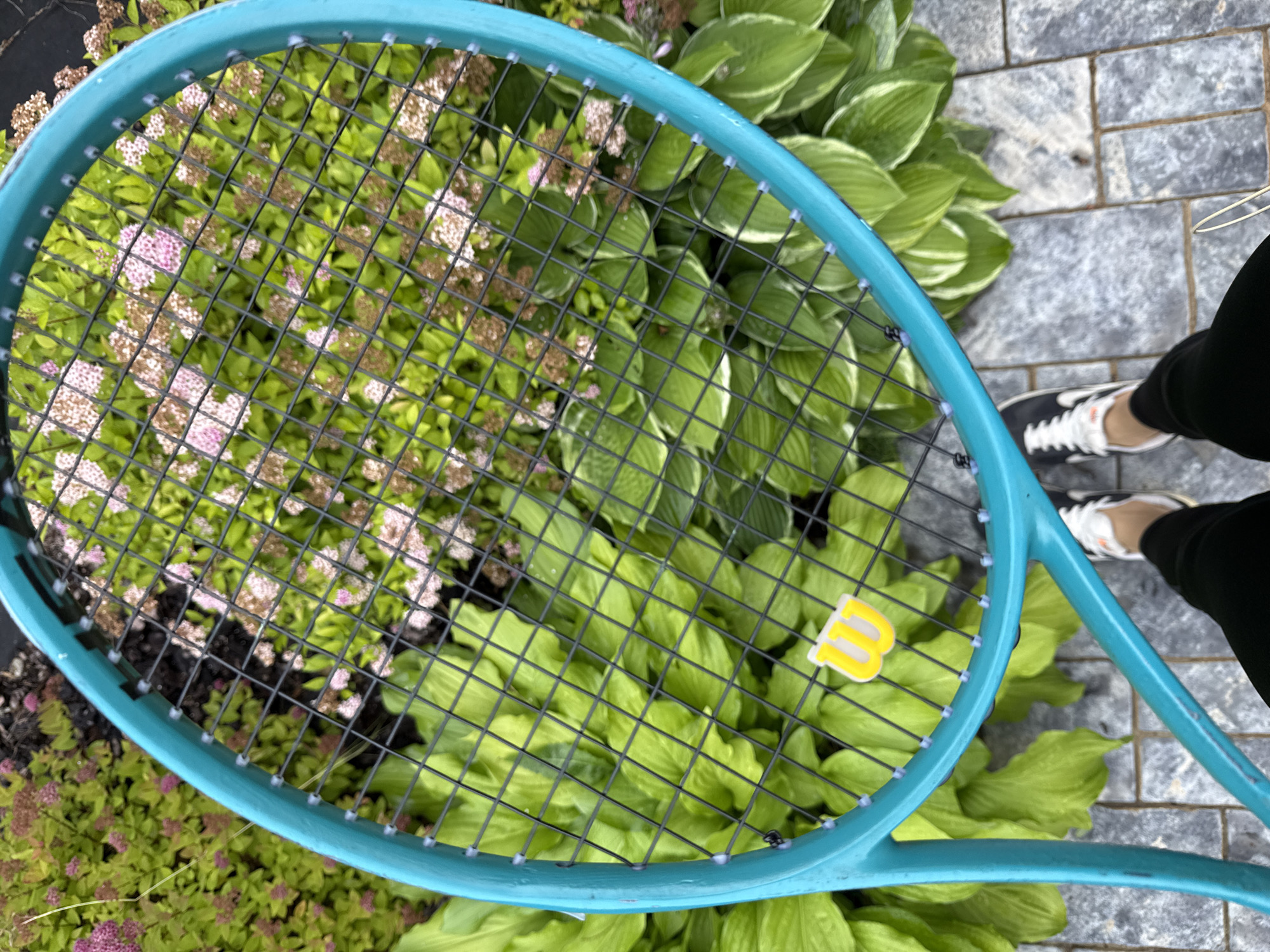 An overhead shot shows a teal tennis racket angled downwards, with its strings visible against a background of lush green foliage and small pink flowers. A yellow "W" logo is affixed to the strings of the racket. The racket rests on a paved surface, likely a sidewalk or patio, made of grey rectangular stones. At the bottom of the frame, a person's feet are visible wearing black pants and black and white athletic shoes. The scene appears to be outdoors in a garden or park setting, possibly in the city of Chaikovsky, Russia, given the context of the query.