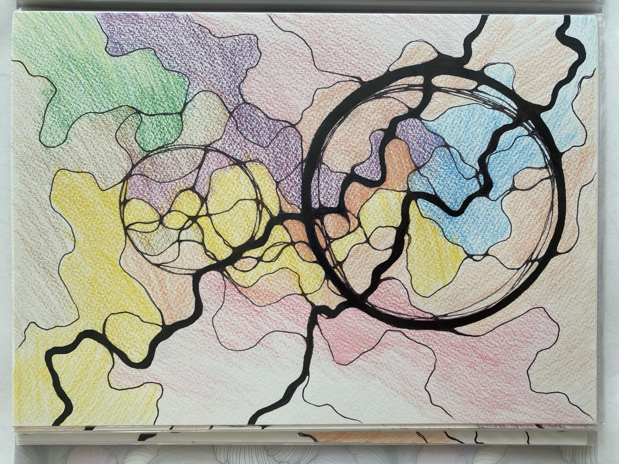 The image is a close-up of a colorful drawing on a white canvas. The drawing features an abstract pattern of interlocking shapes filled with various colored pencil hues, including yellow, pink, peach, blue, green, and purple. Thick black lines create a network of interconnected paths and circular elements that overlay the colored areas. The textured surface of the canvas is visible beneath the colored pencil strokes. The artwork is framed by a clear plastic protector. There is no indication of a specific city or location.