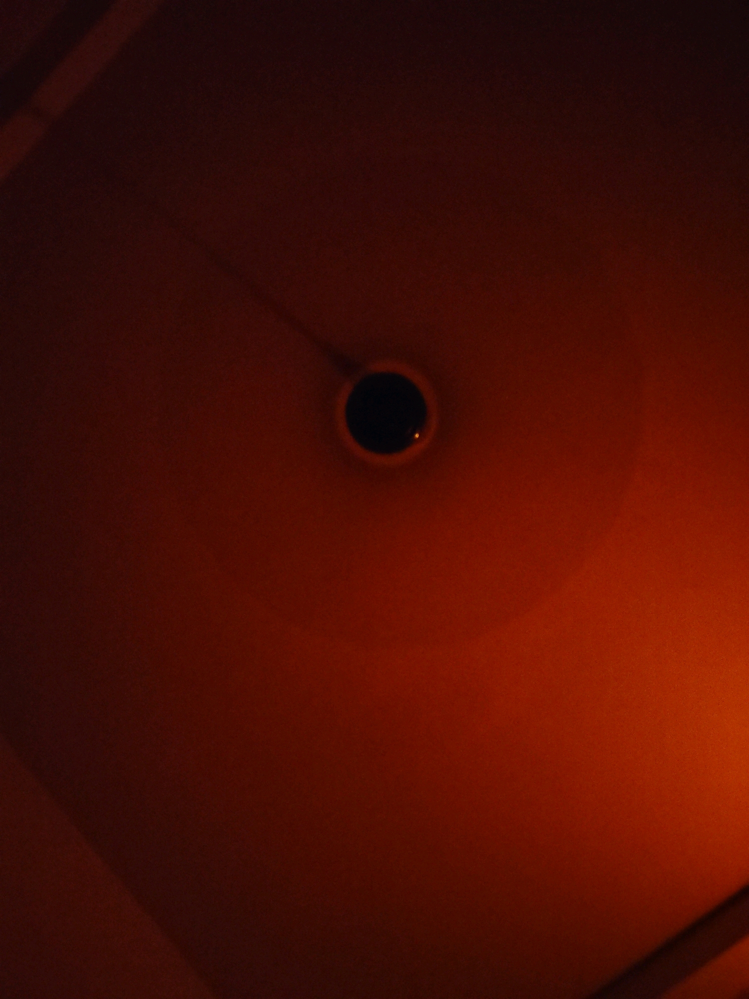 A dark, circular object is centrally located against a deep red background, possibly a ceiling. The lighting is dim and appears to be coming from the right side of the image, casting a warm glow and creating subtle shadows on the surface. There are no people, animals, or discernible environmental features visible that would indicate a specific location within Teliapokhar, India. The image is abstract due to the lack of context and focus on a single, ambiguous object.